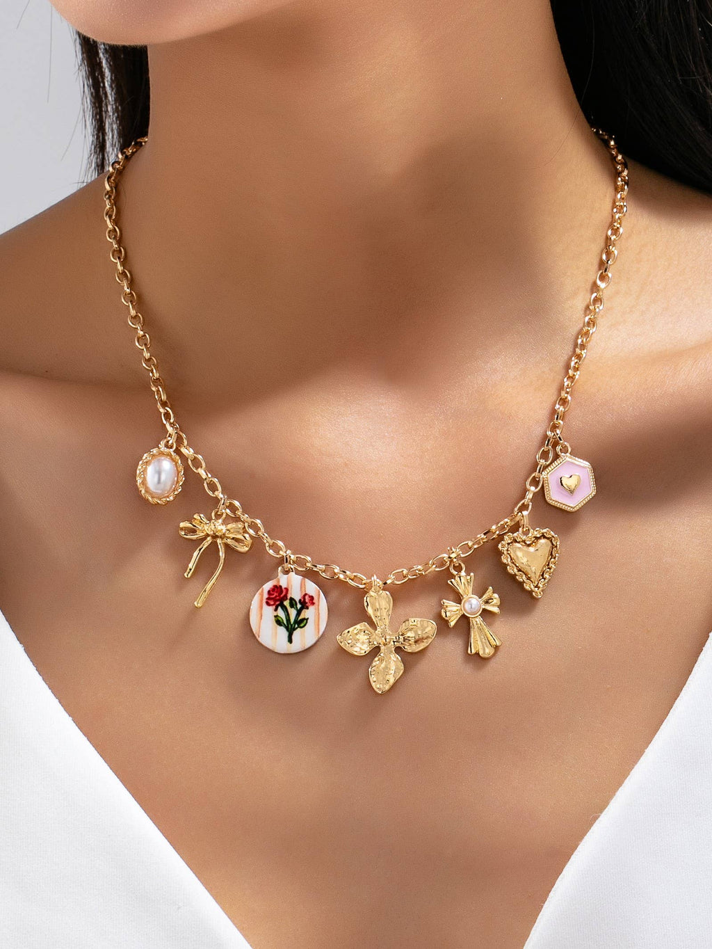 Vintage-Inspired Flower Pearl Cross Heart Necklace
