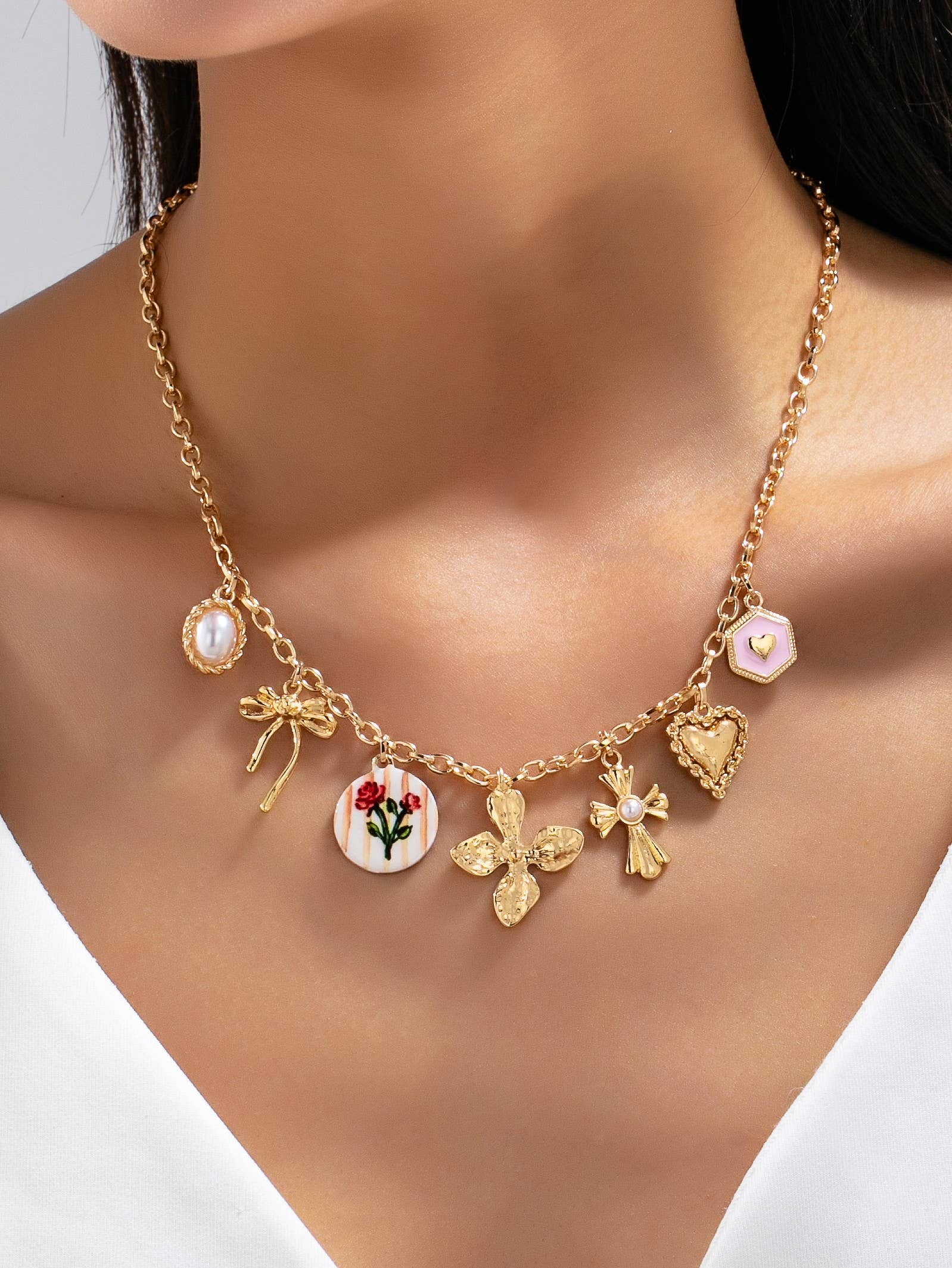 Vintage-Inspired Flower Pearl Cross Heart Necklace