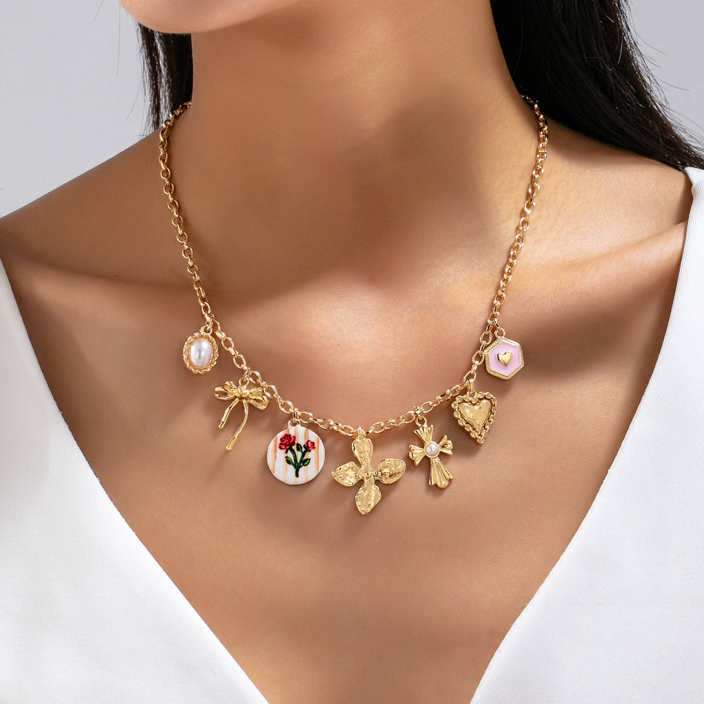 Vintage-Inspired Flower Pearl Cross Heart Necklace