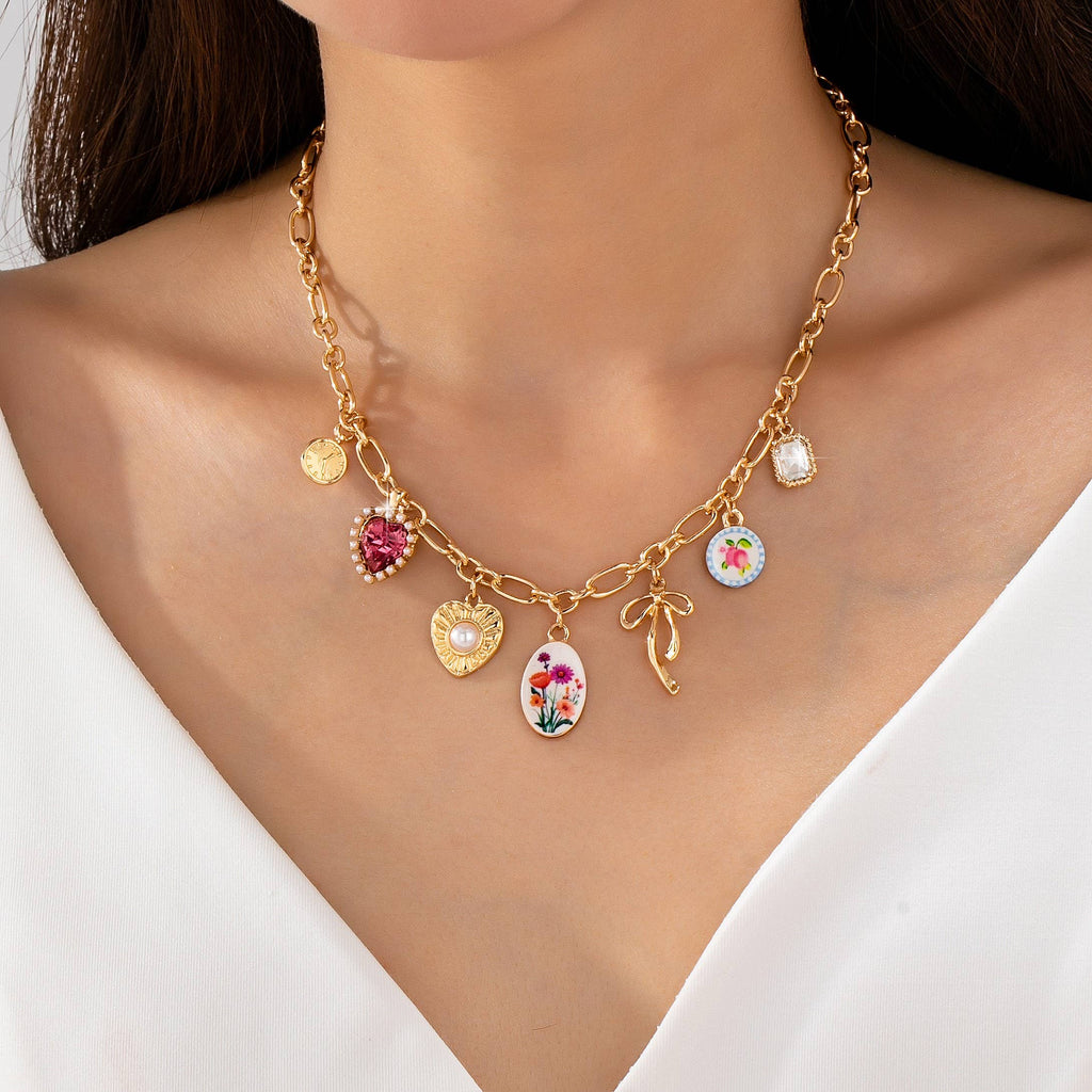 Vintage Bow Porcelain Multi-Charm Link Necklace