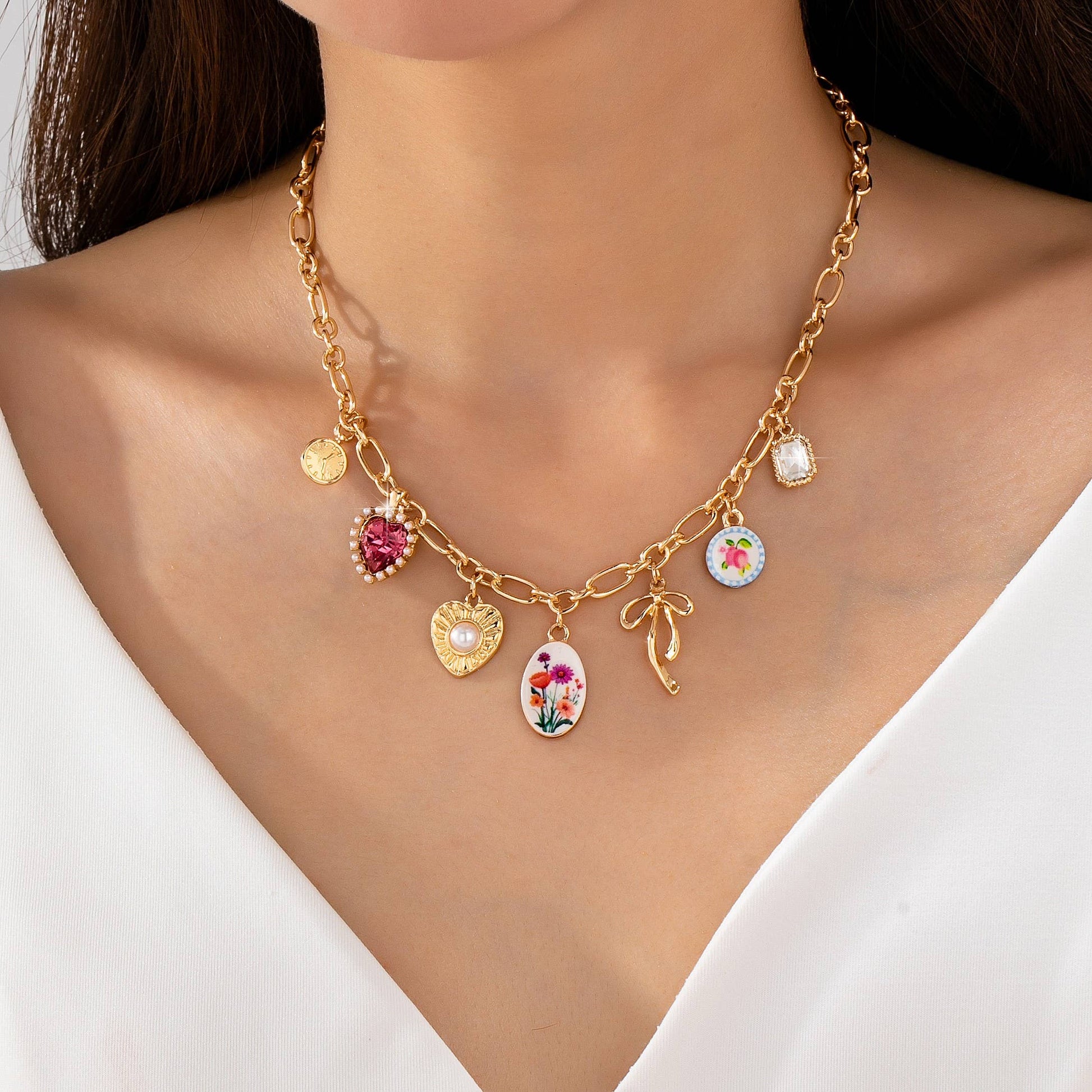Vintage Bow Porcelain Multi-Charm Link Necklace