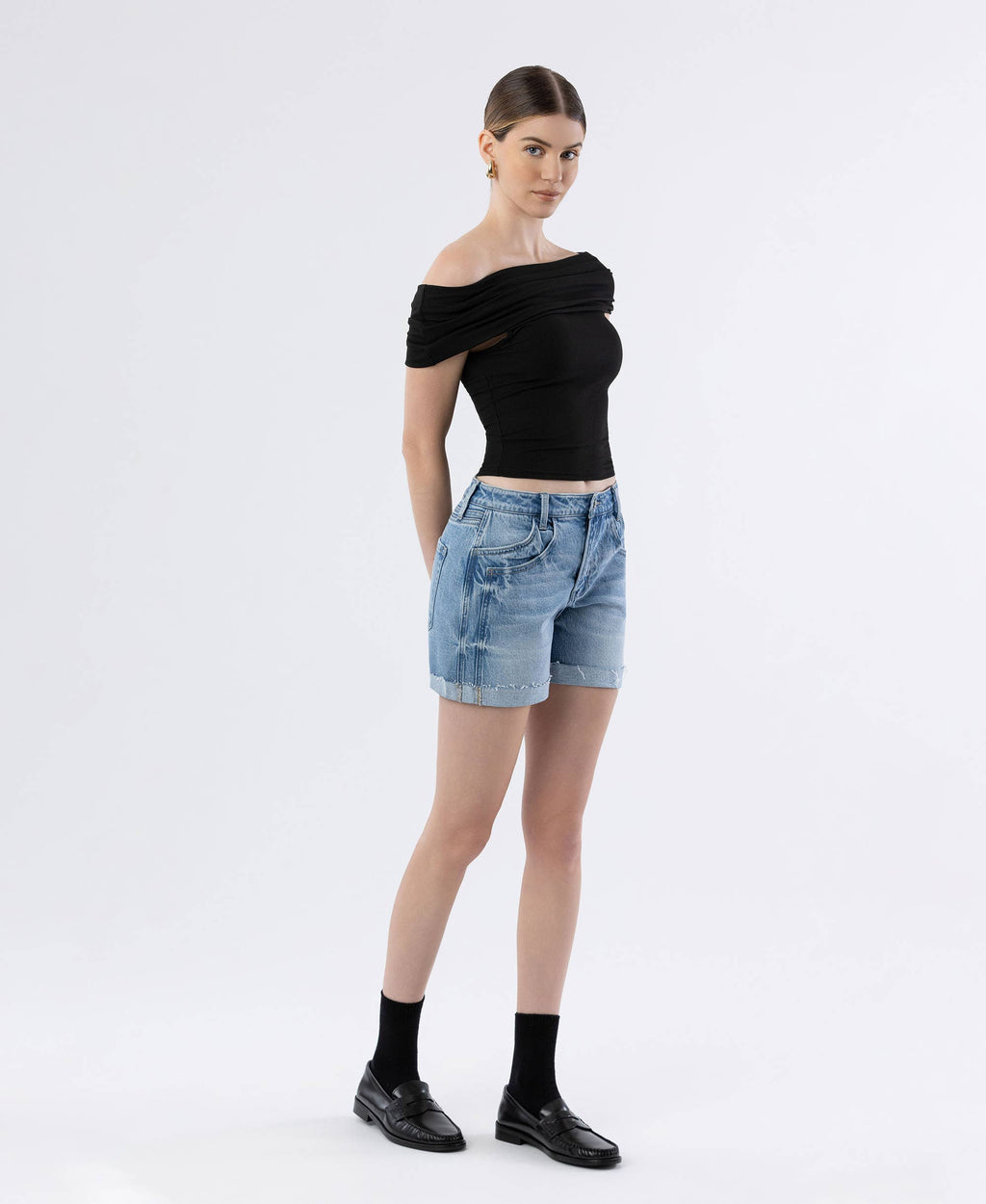 HIGH RISE DOUBLE FRONT POCKET CUFF SHORTS: GODS PLAN