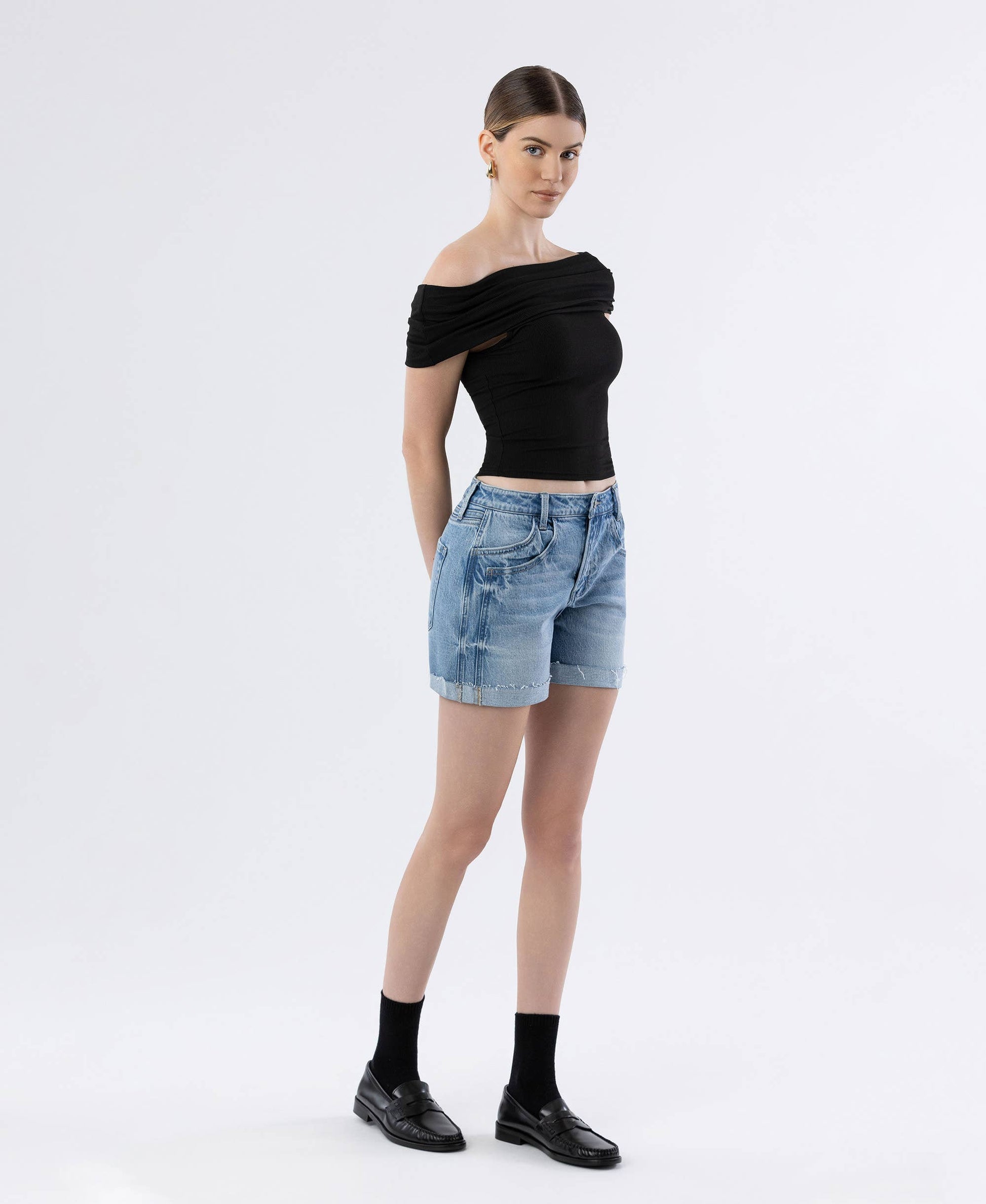 HIGH RISE DOUBLE FRONT POCKET CUFF SHORTS: GODS PLAN