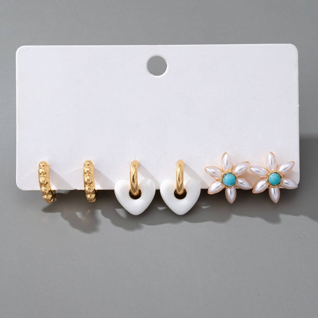 HUGGIE HOOP BALL FLORAL HEART TRIO EARRINGS