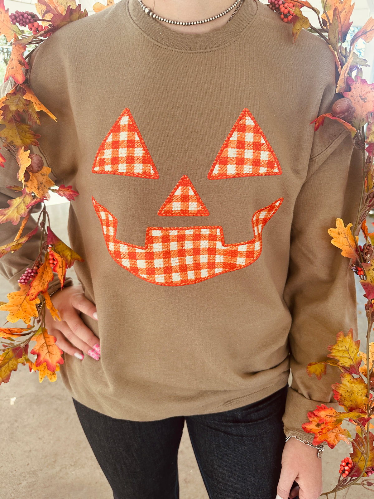 Orange Jack O Lantern Faux Stitch Graphic Sweatshirt