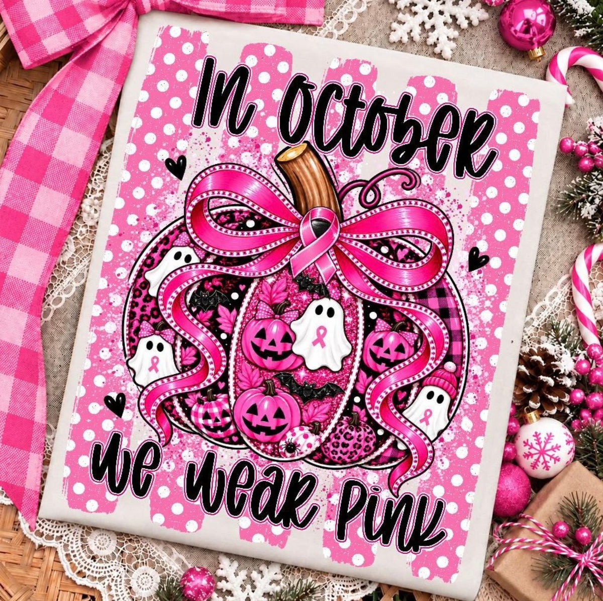 In October We Wear Pink Spooky Pumpkin Graphic T-Shirt