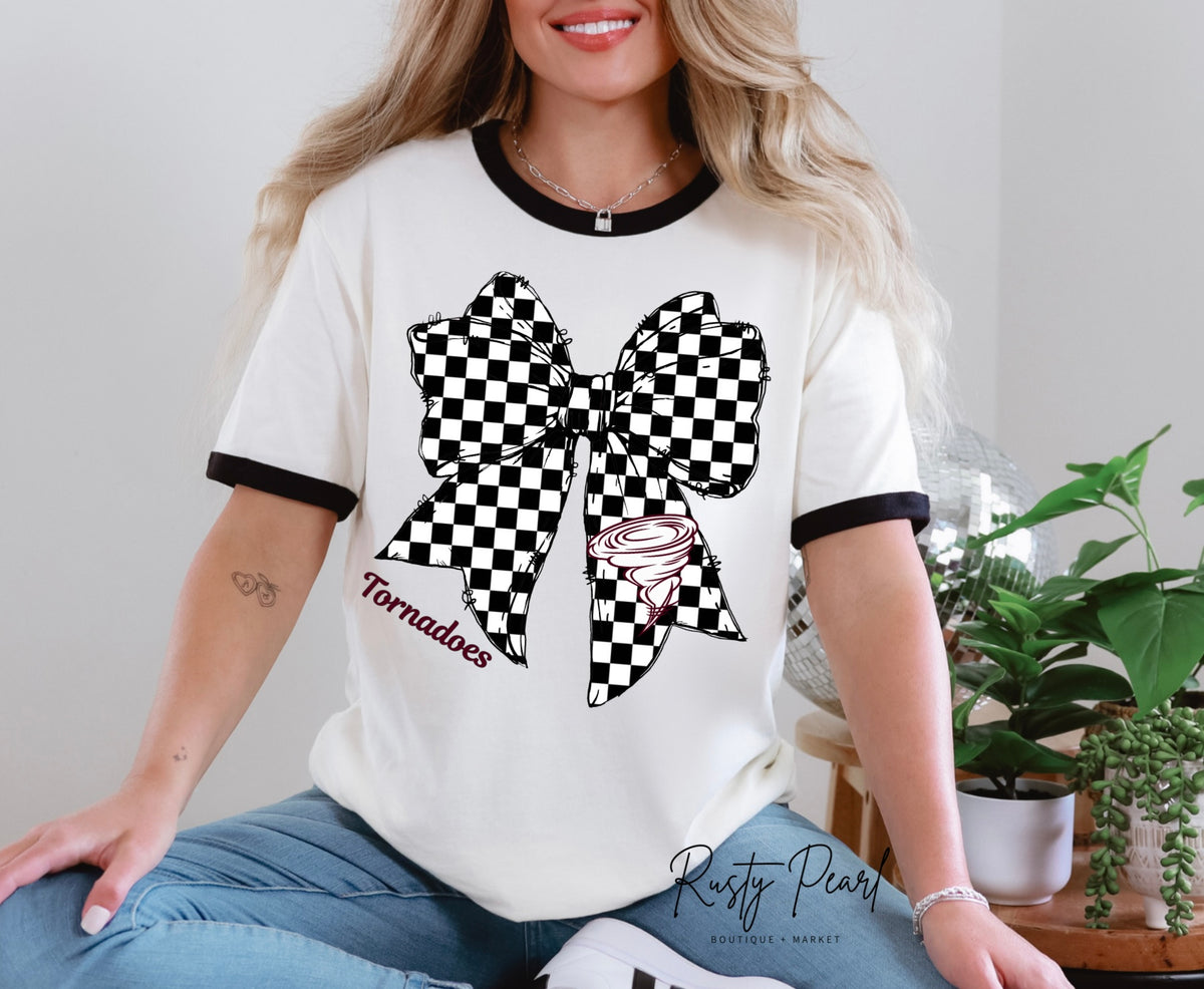 Tornadoes Checkered Bow Graphic Ringer T-Shirt