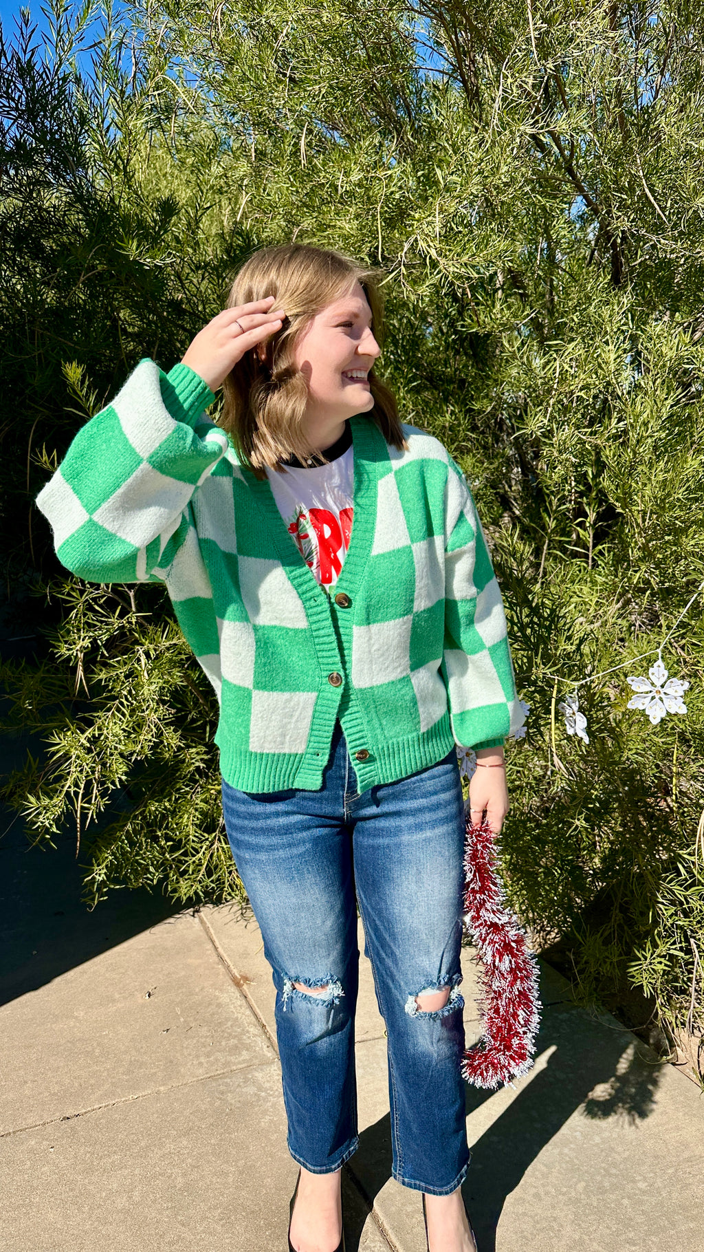 Checkered Button Front Cardigan Sweater - Green