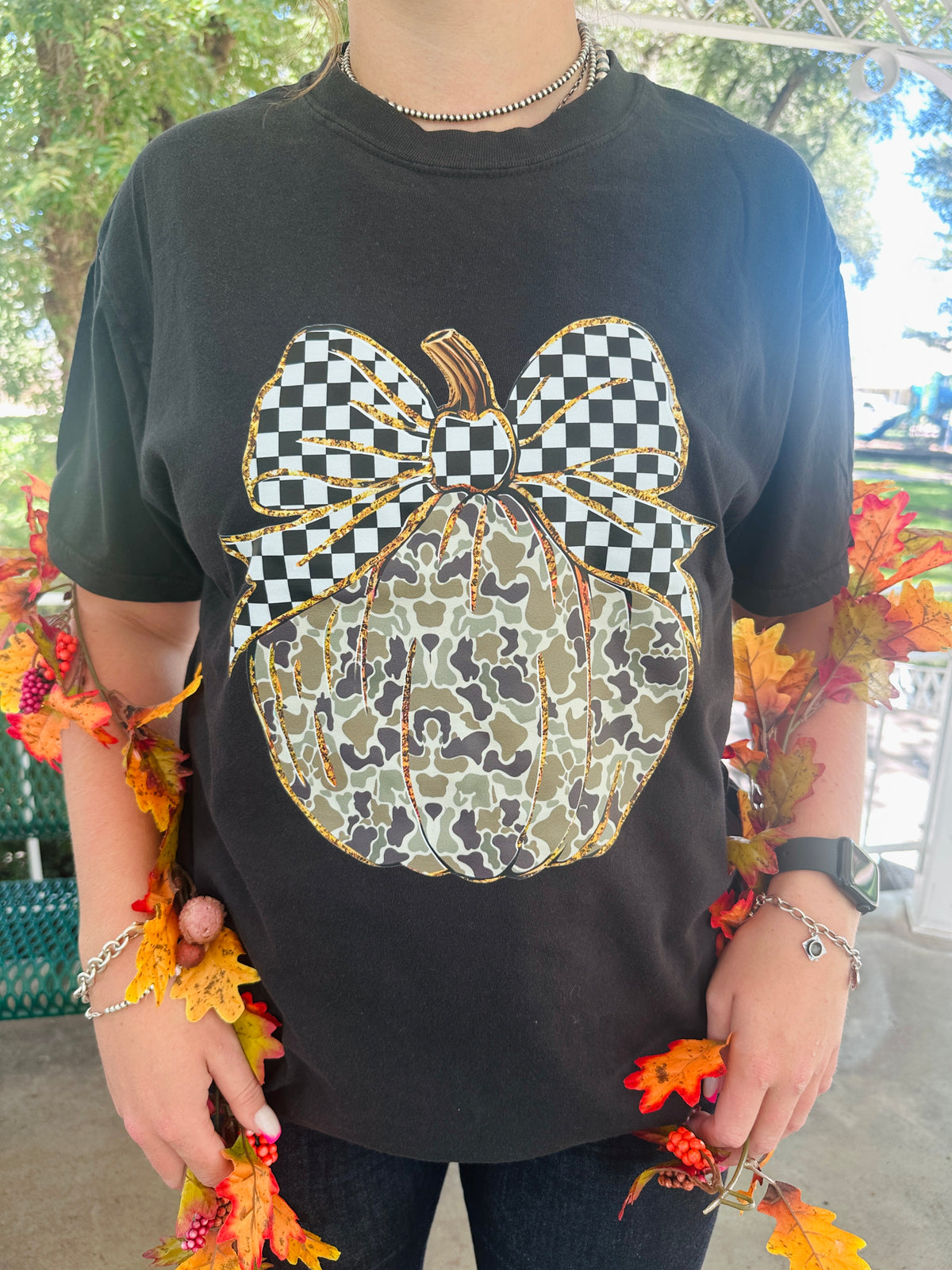 Camouflage Pumpkin with Checker Bow Graphic T-Shirt
