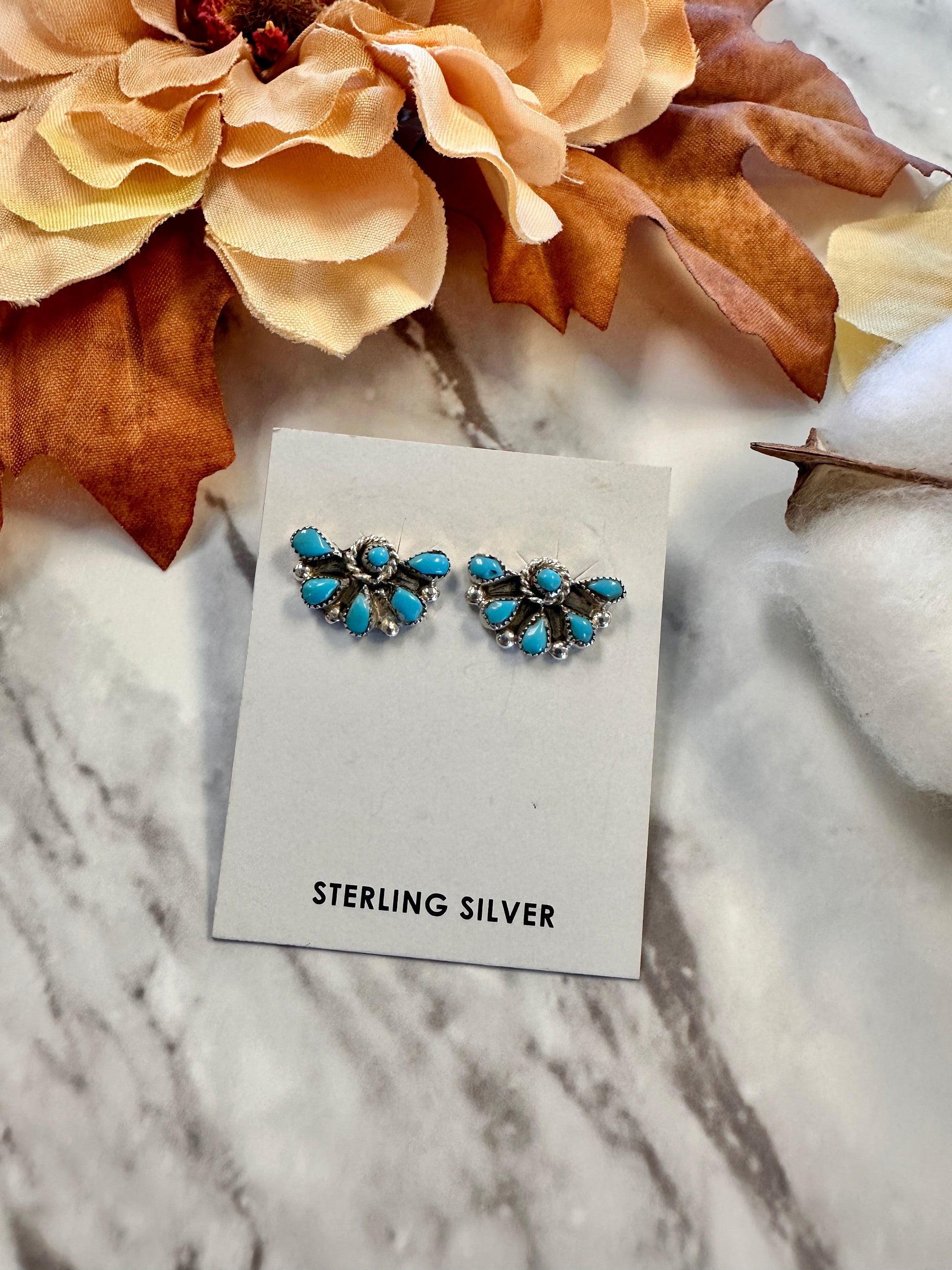 Authentic Zuni Turquoise Half Cluster Stud Earrings by Herbert Lastiyano