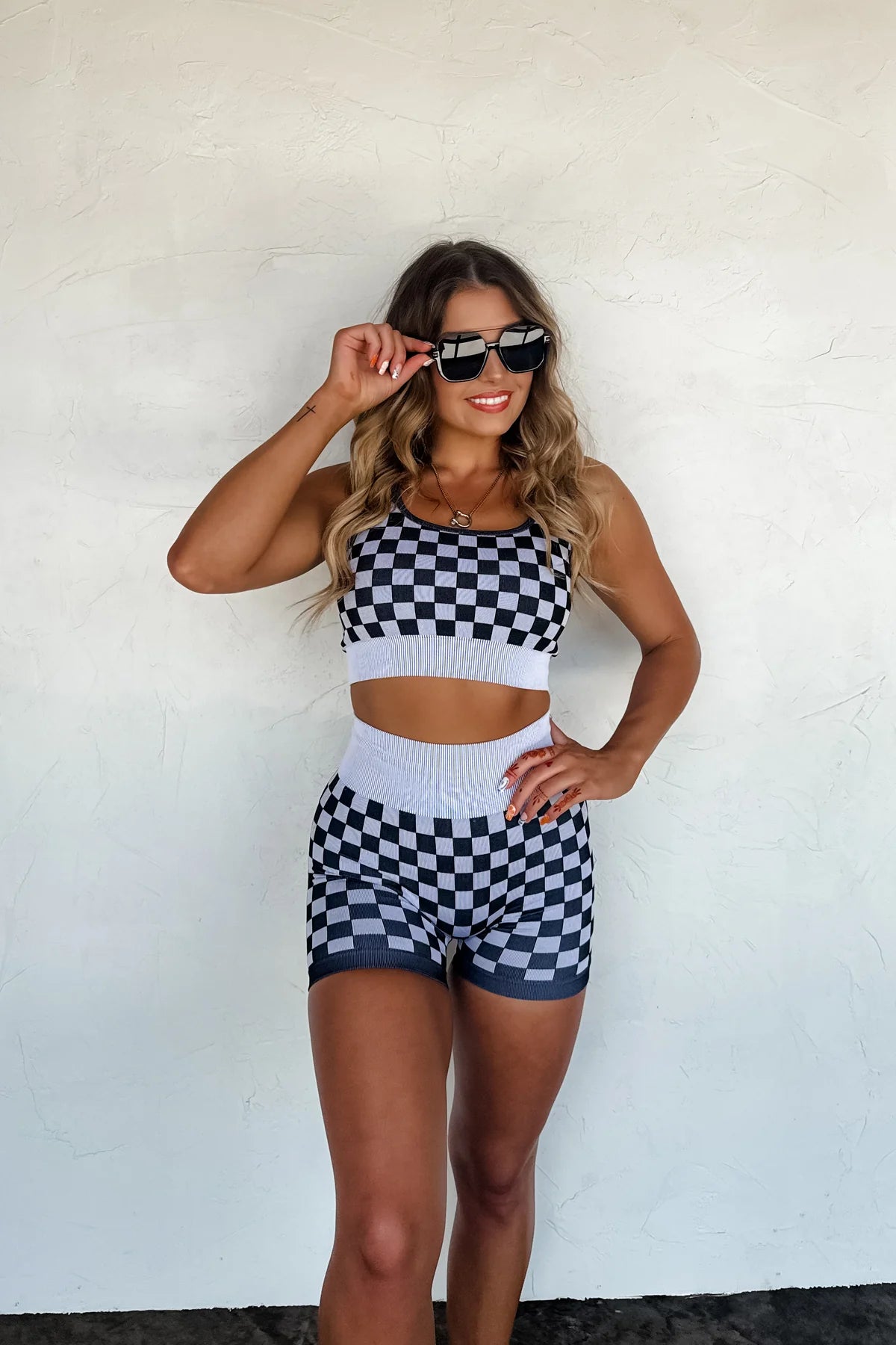 CHECKER BRA & BIKER SHORT SET