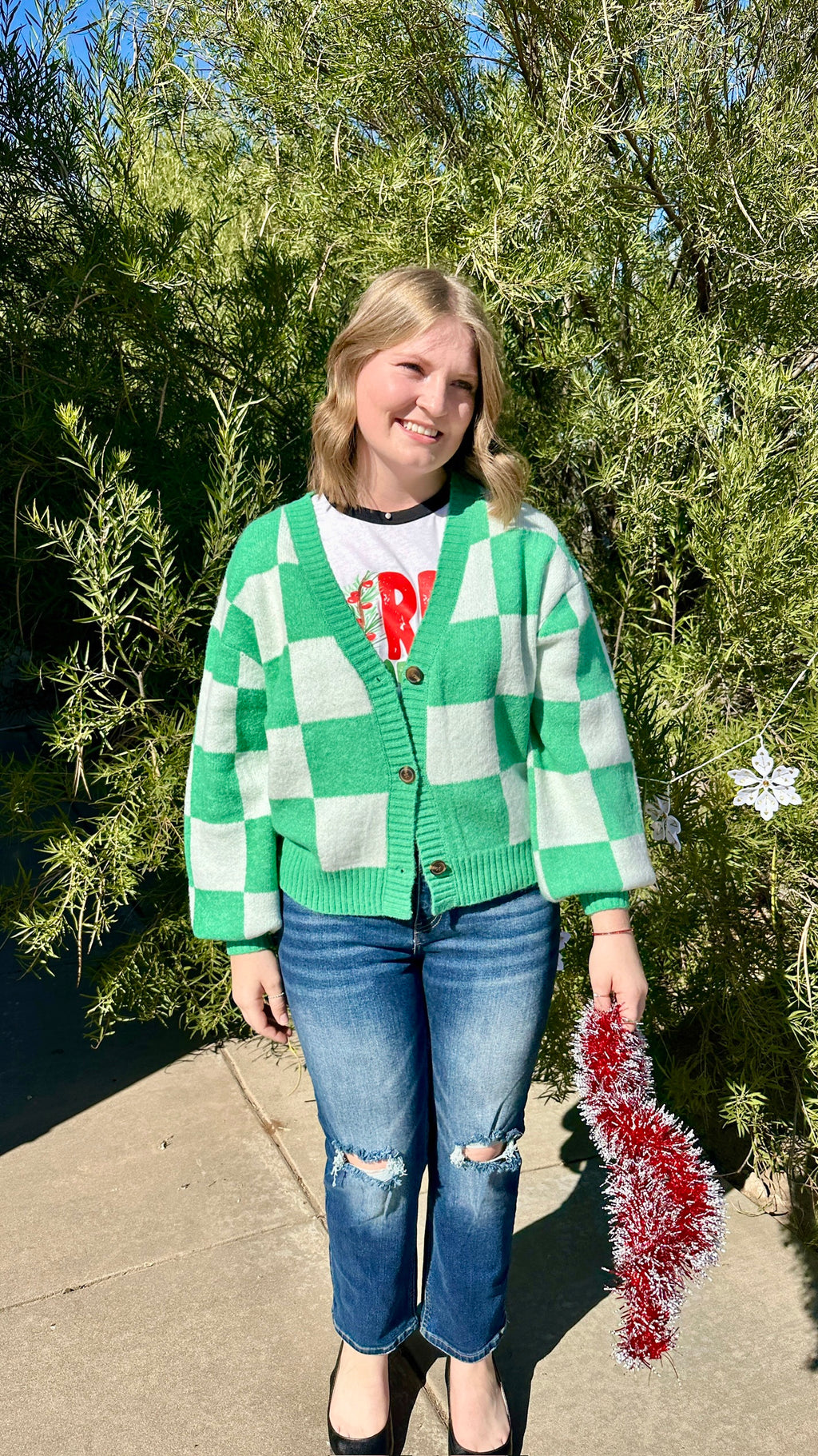 Checkered Button Front Cardigan Sweater - Green