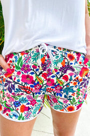 Fiesta Time Floral White Drawstring Everyday Shorts