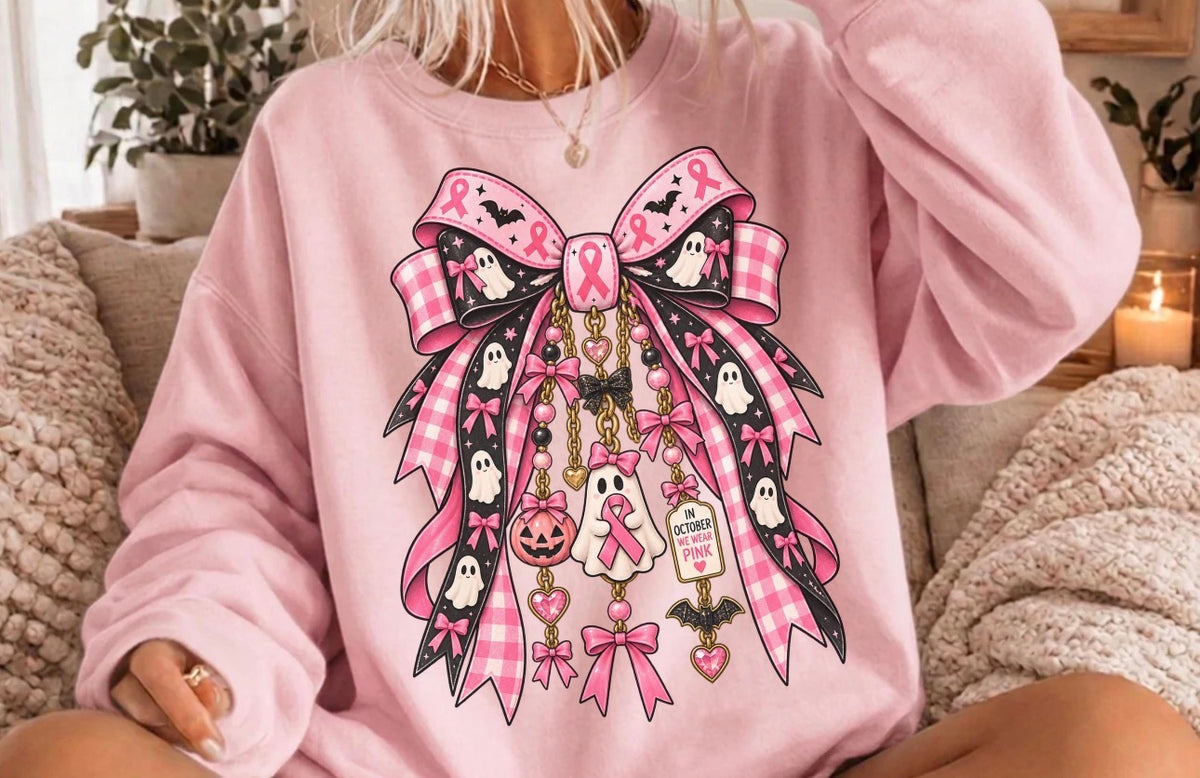 Spooky Charm Bow Pink Out Cancer Graphic T-Shirt