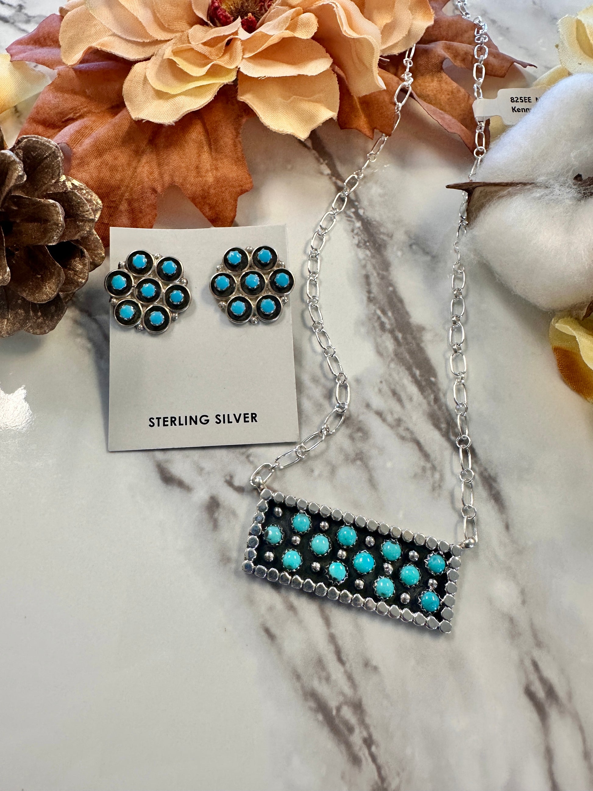 Vintage Sterling Silver & Turquoise Zuni Cluster Bar Necklace 18"