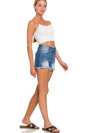 Mid Rise Frayed Hem Denim Shorts