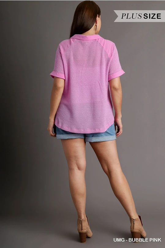 Bubble Gum Waffle Knit Button Down Shirt - Curvy