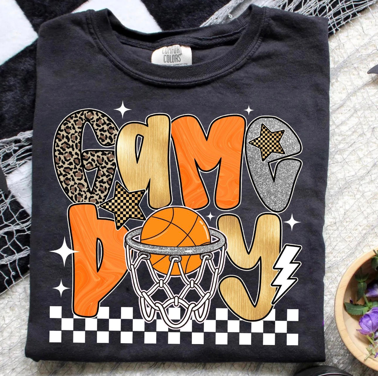 Orange & Gold Checker Basketball Game Day Graphic T-Shirt