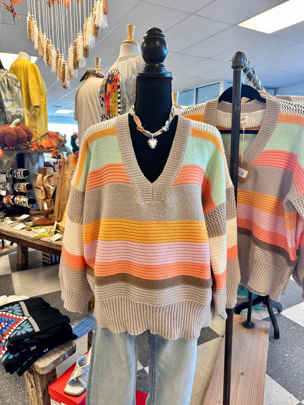 Kristie Multi-Color Striped Rib Banded V-Neck Sweater Top