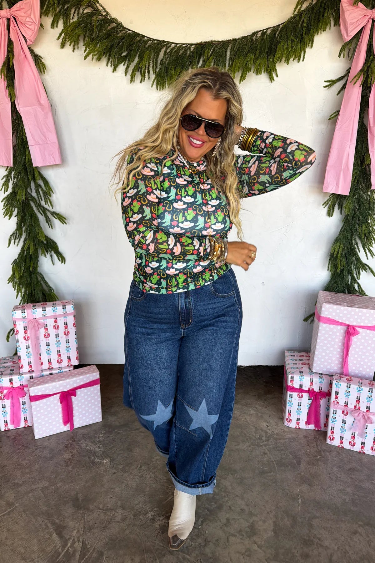 PREORDER- MERRY MESHMAS TOPS | GREEN CACTUS & BOOTS