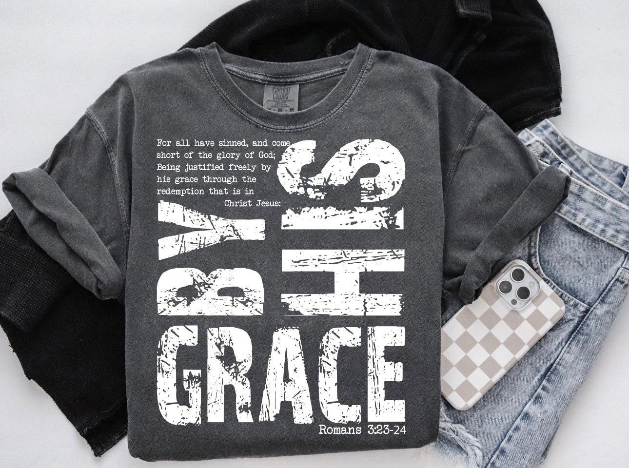 By His Grace Graphic Tee – Romans 3:23-24