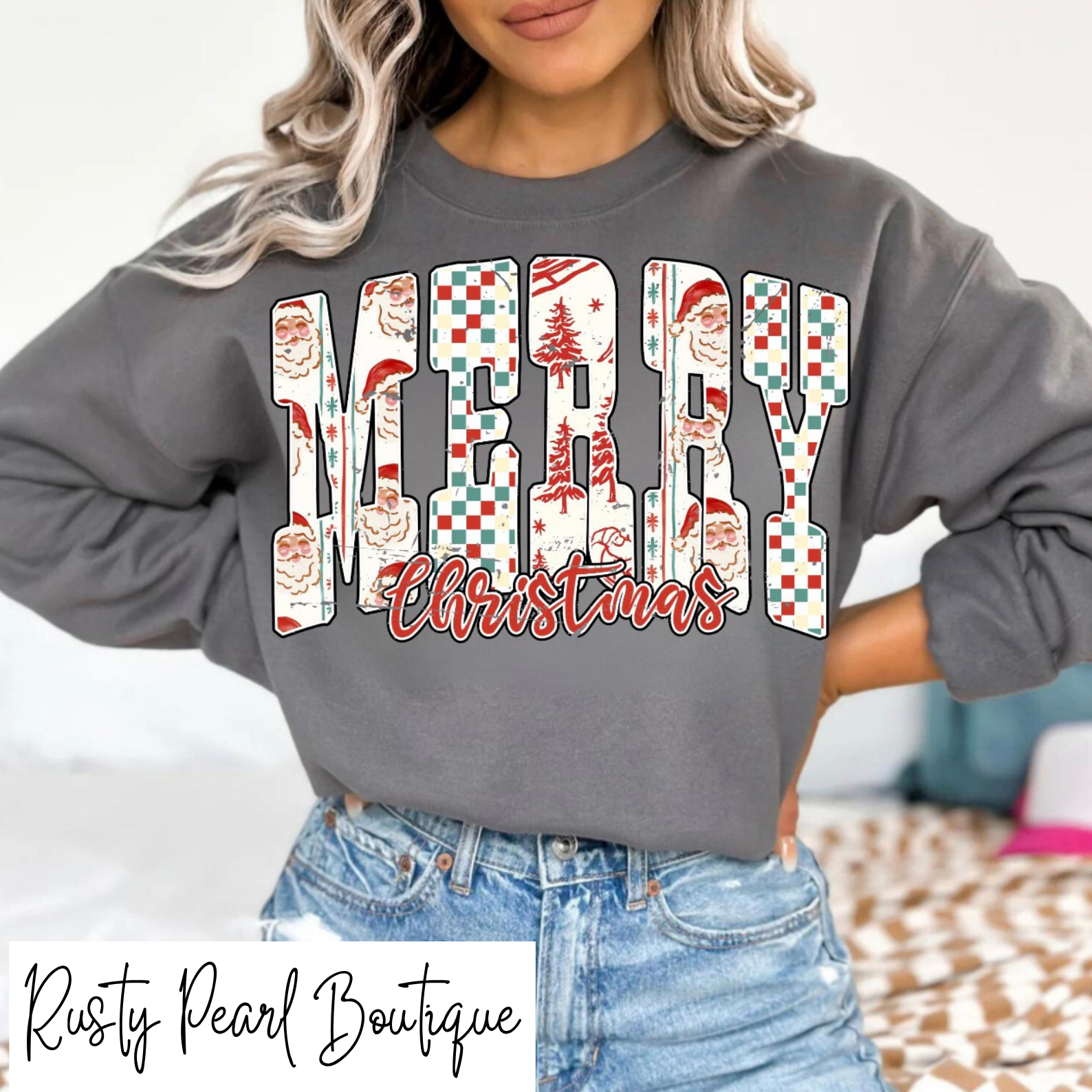 Vintage Merry Christmas Santa & Checker Graphic T-Shirt