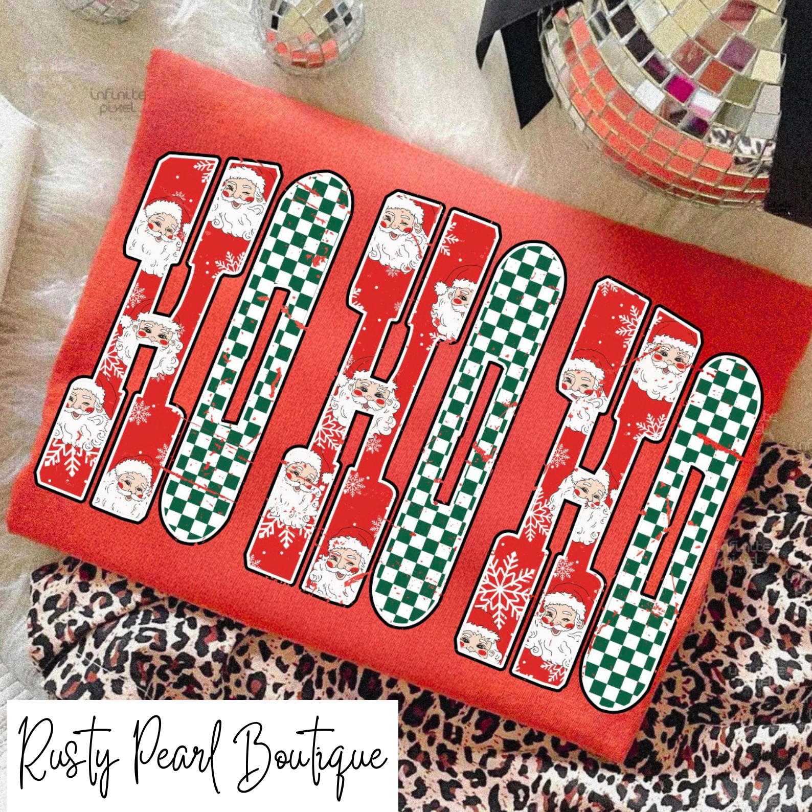 Vintage Santa & Checker HO HO HO Christmas Graphic T-Shirt
