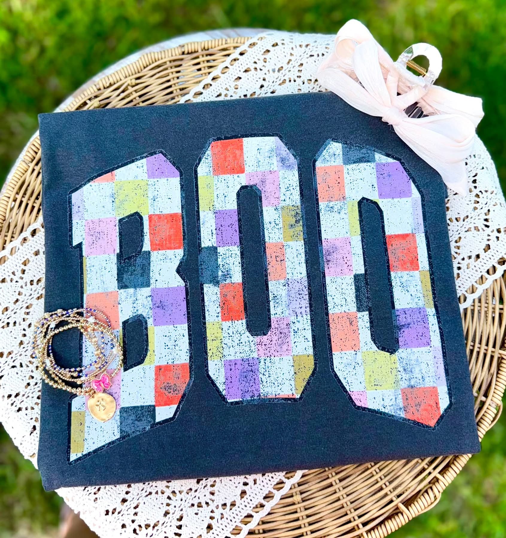 Boo Checker Distressed Graphic T-Shirt