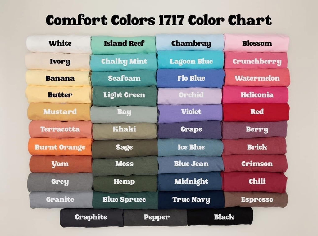 Color chart with Comfort Colors 1717 swatches labeled with color names.