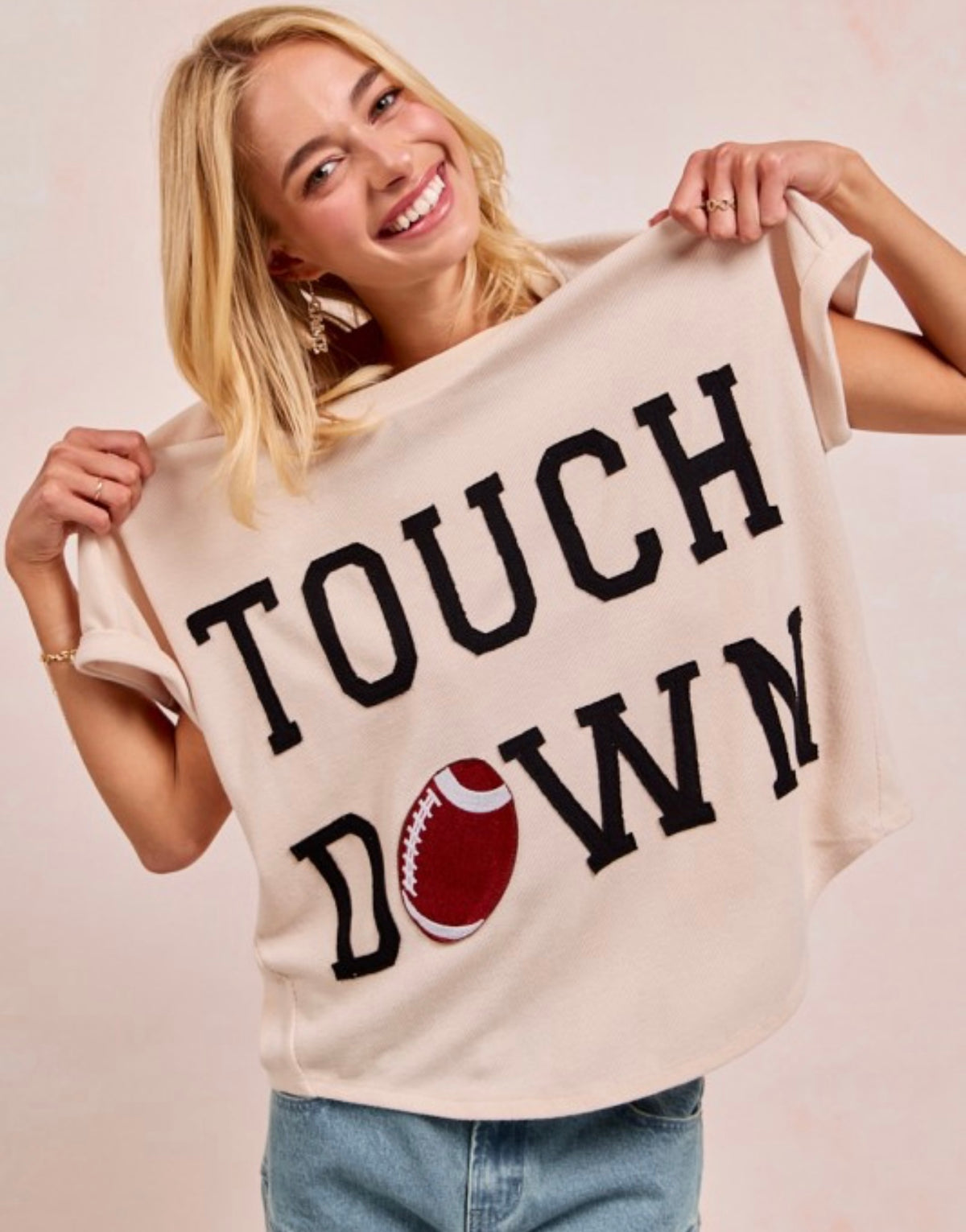 Gameday Touchdown Letter Patches Waffle Short Sleeves Top