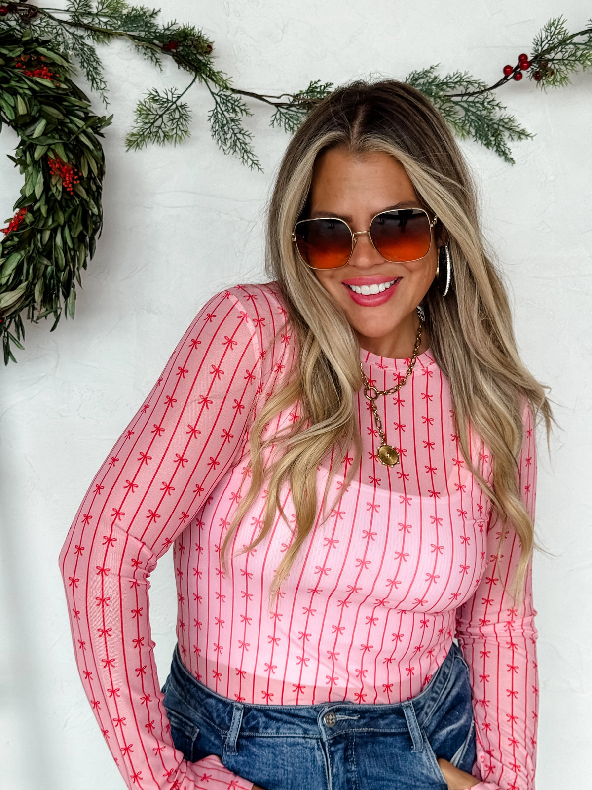 Pink & Red Bow Mesh Top - Preorder