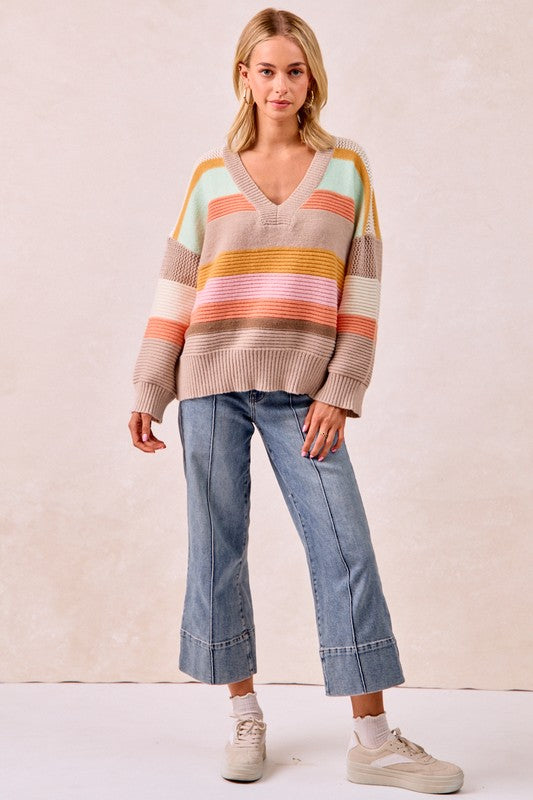 Kristie Multi-Color Striped Rib Banded V-Neck Sweater Top