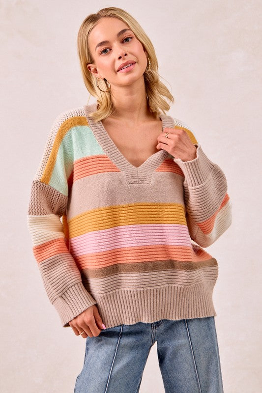 Kristie Multi-Color Striped Rib Banded V-Neck Sweater Top