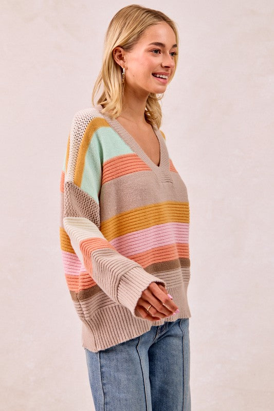 Kristie Multi-Color Striped Rib Banded V-Neck Sweater Top