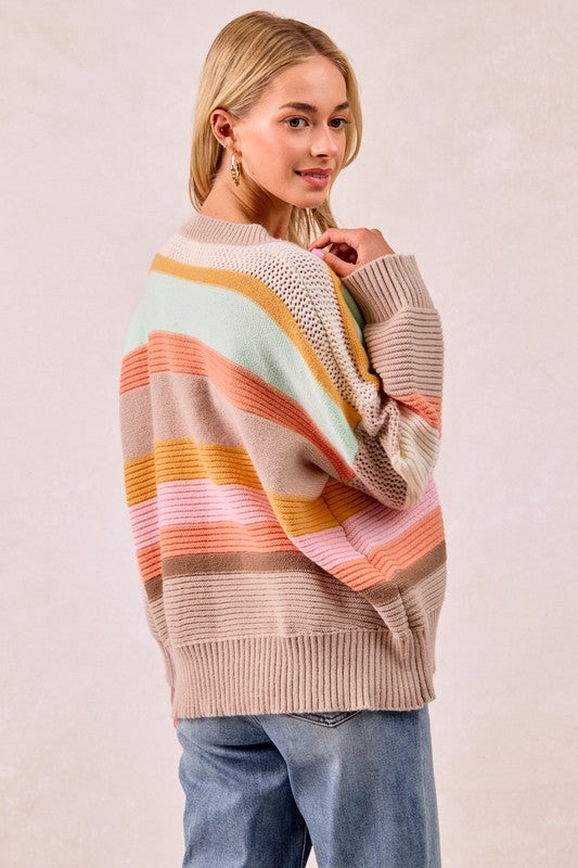 Kristie Multi-Color Striped Rib Banded V-Neck Sweater Top