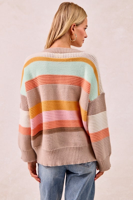 Kristie Multi-Color Striped Rib Banded V-Neck Sweater Top