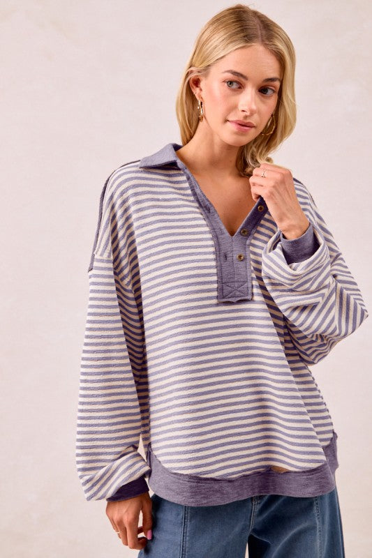 Cassidy Slub Knit Stripe Collared Top