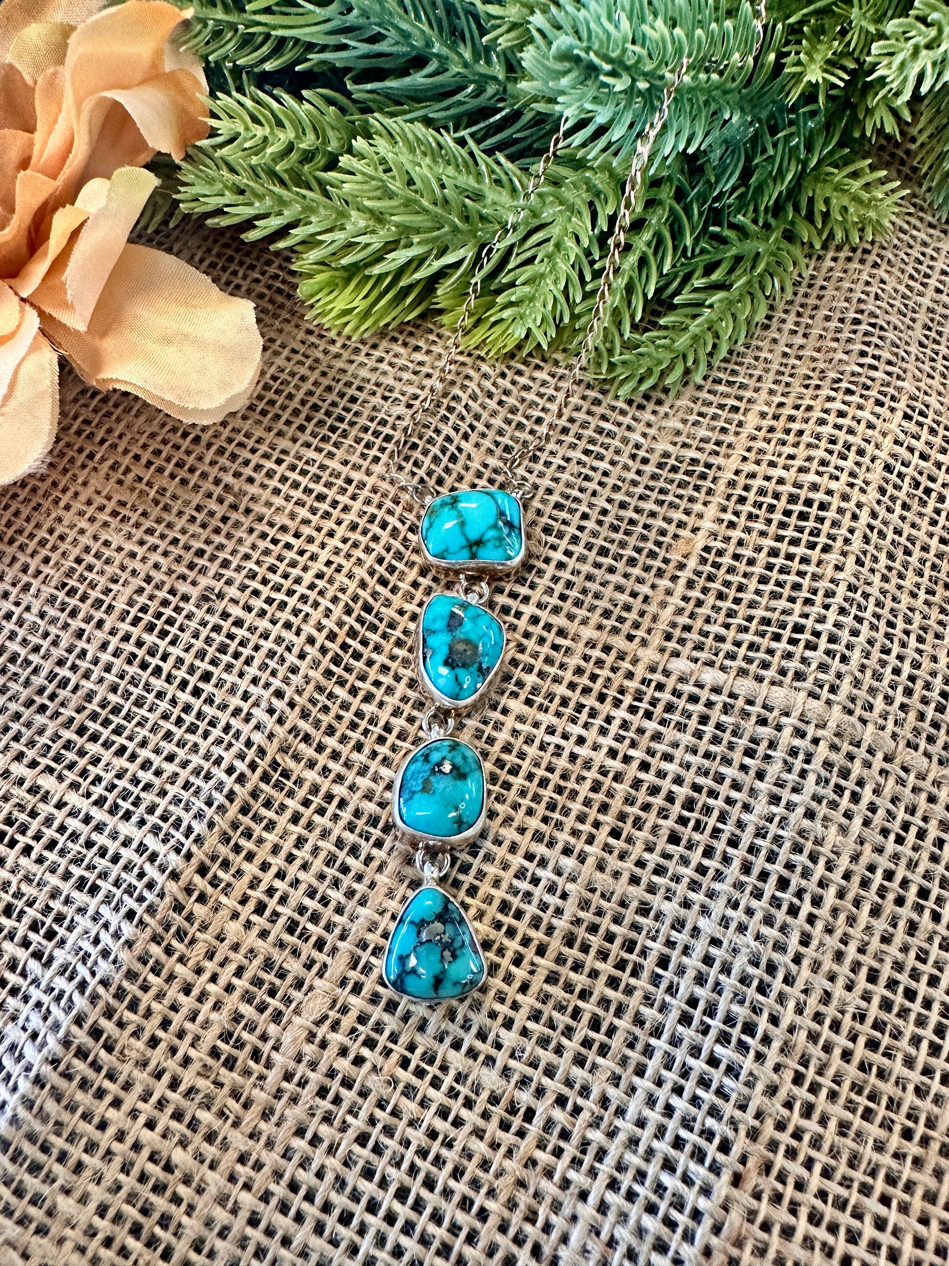 Four Stone Turquoise Lariat Necklace 16"