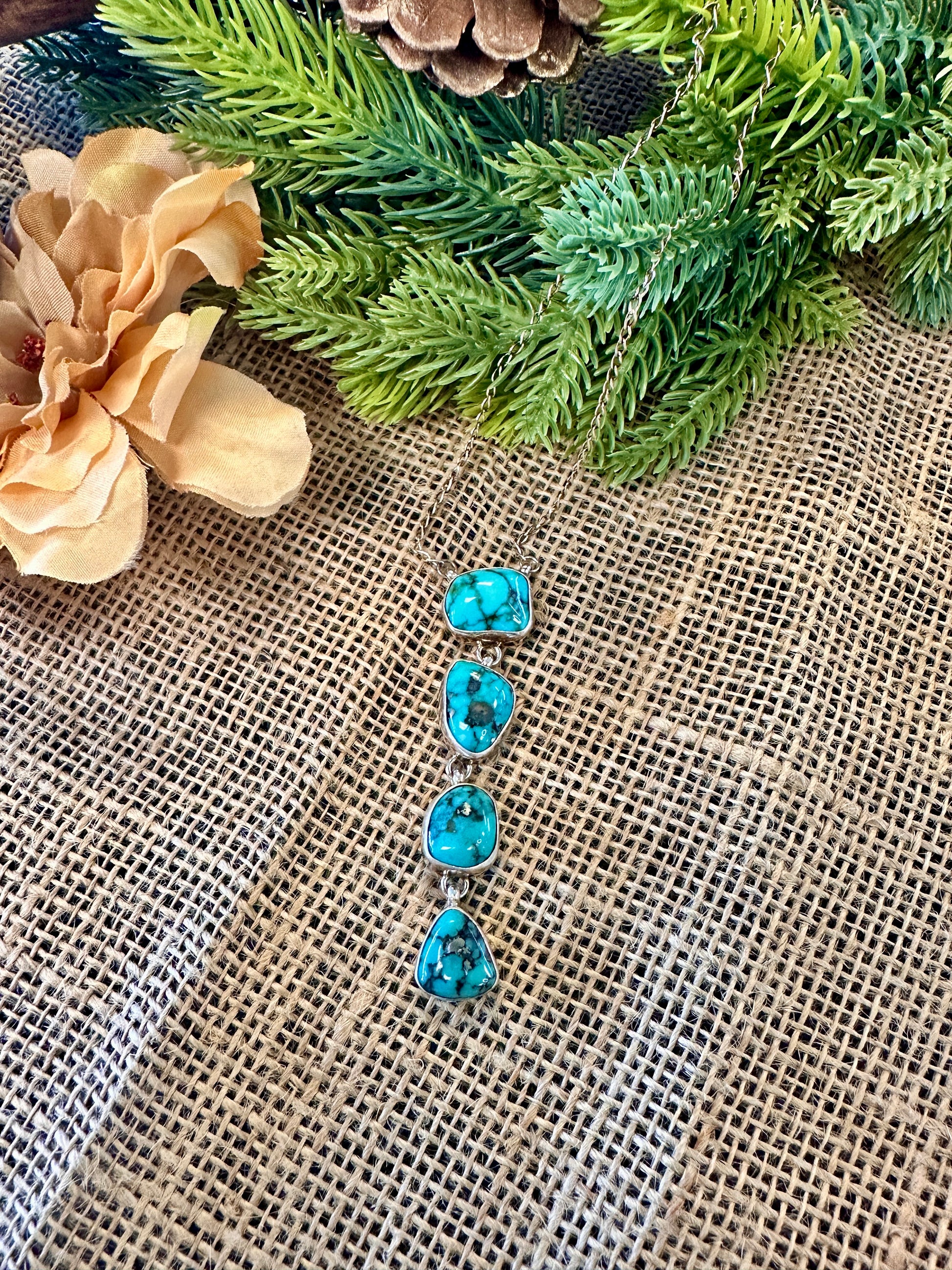 Four Stone Turquoise Lariat Necklace 16"