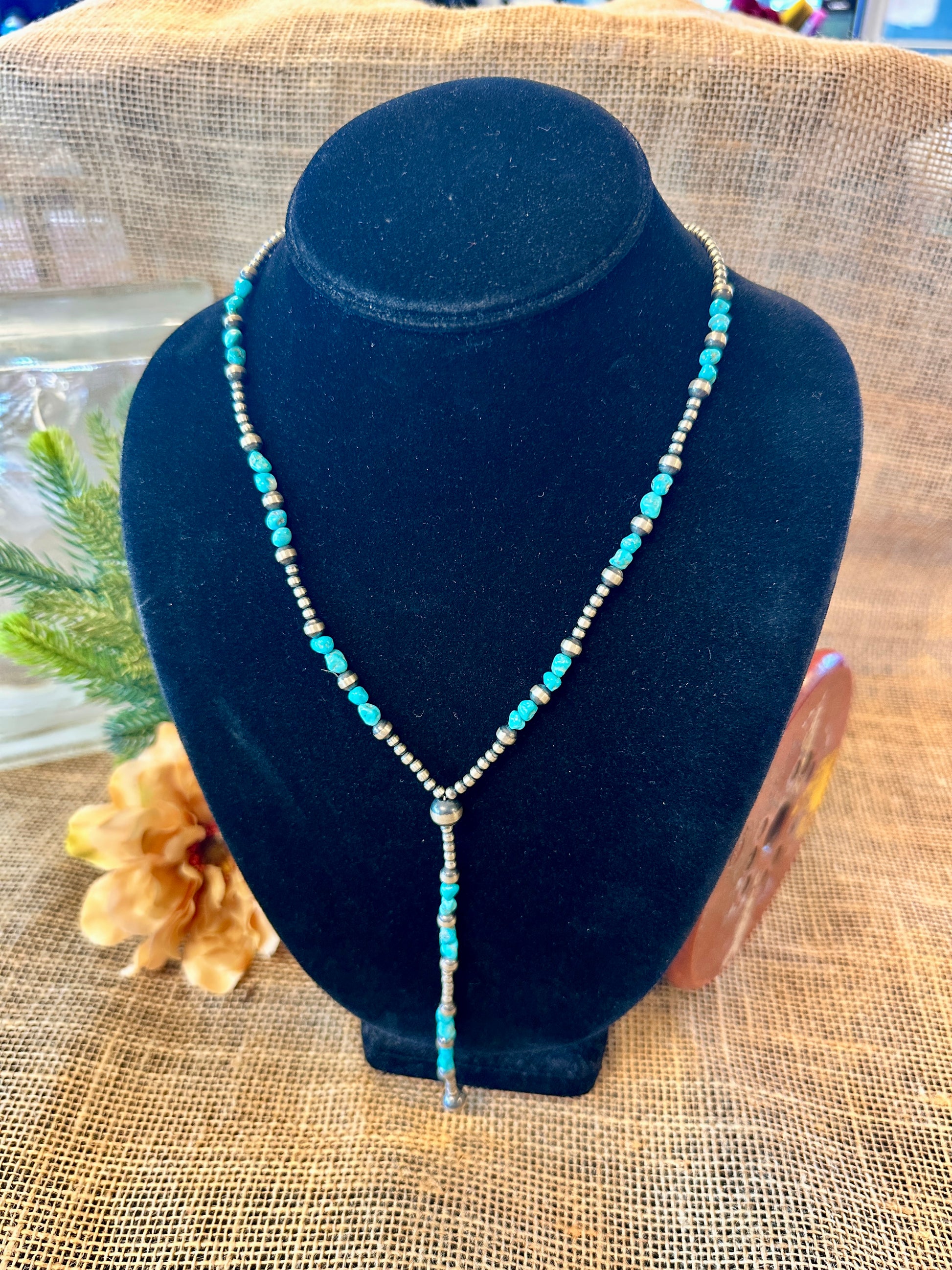 Navajo Pearl & Turquoise Stone Lariat Necklace 20"