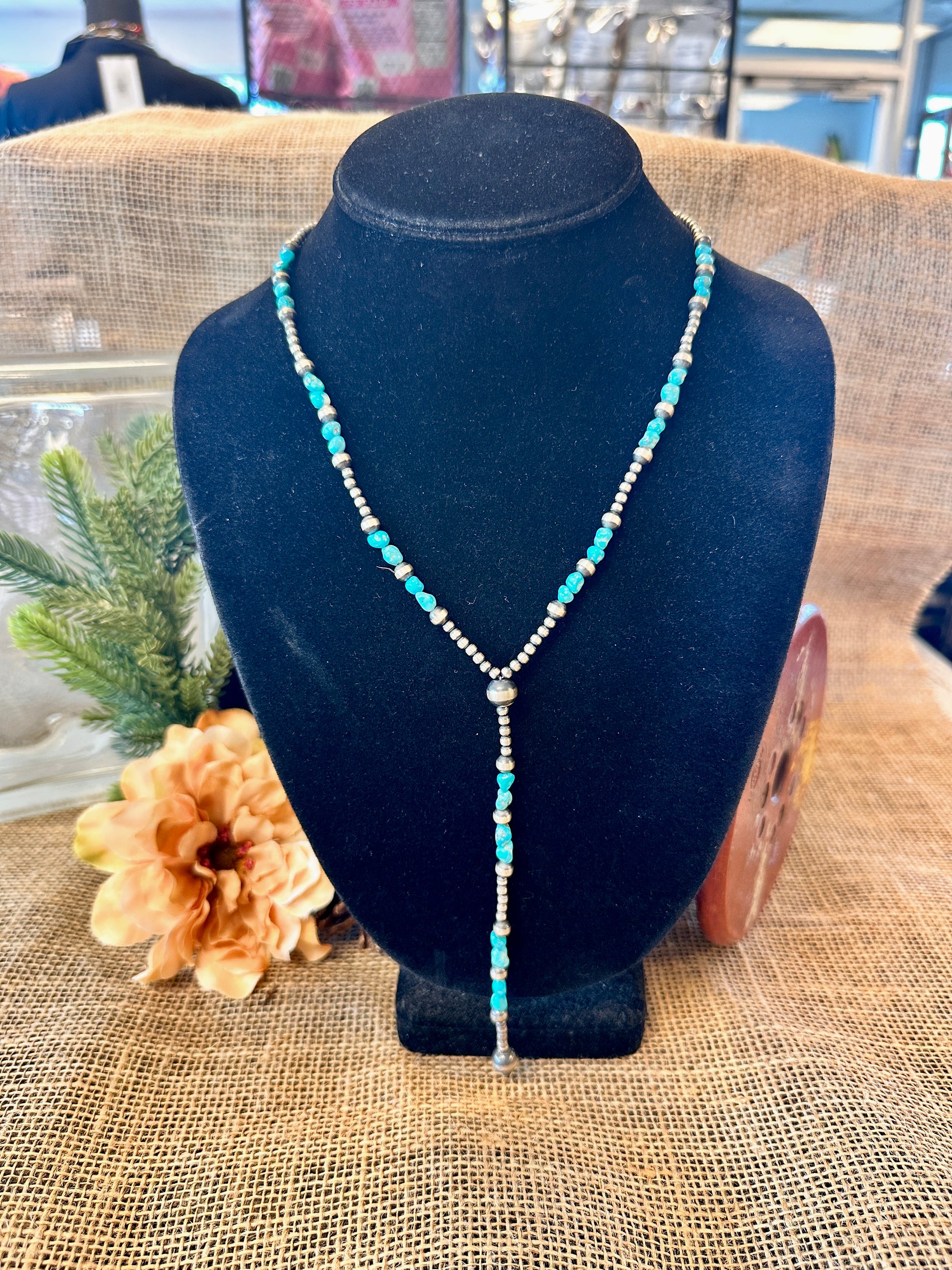 Navajo Pearl & Turquoise Stone Lariat Necklace 20"