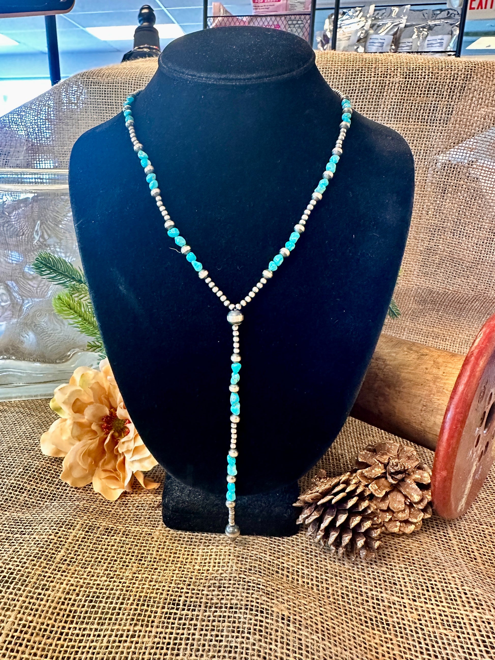 Navajo Pearl & Turquoise Stone Lariat Necklace 20"