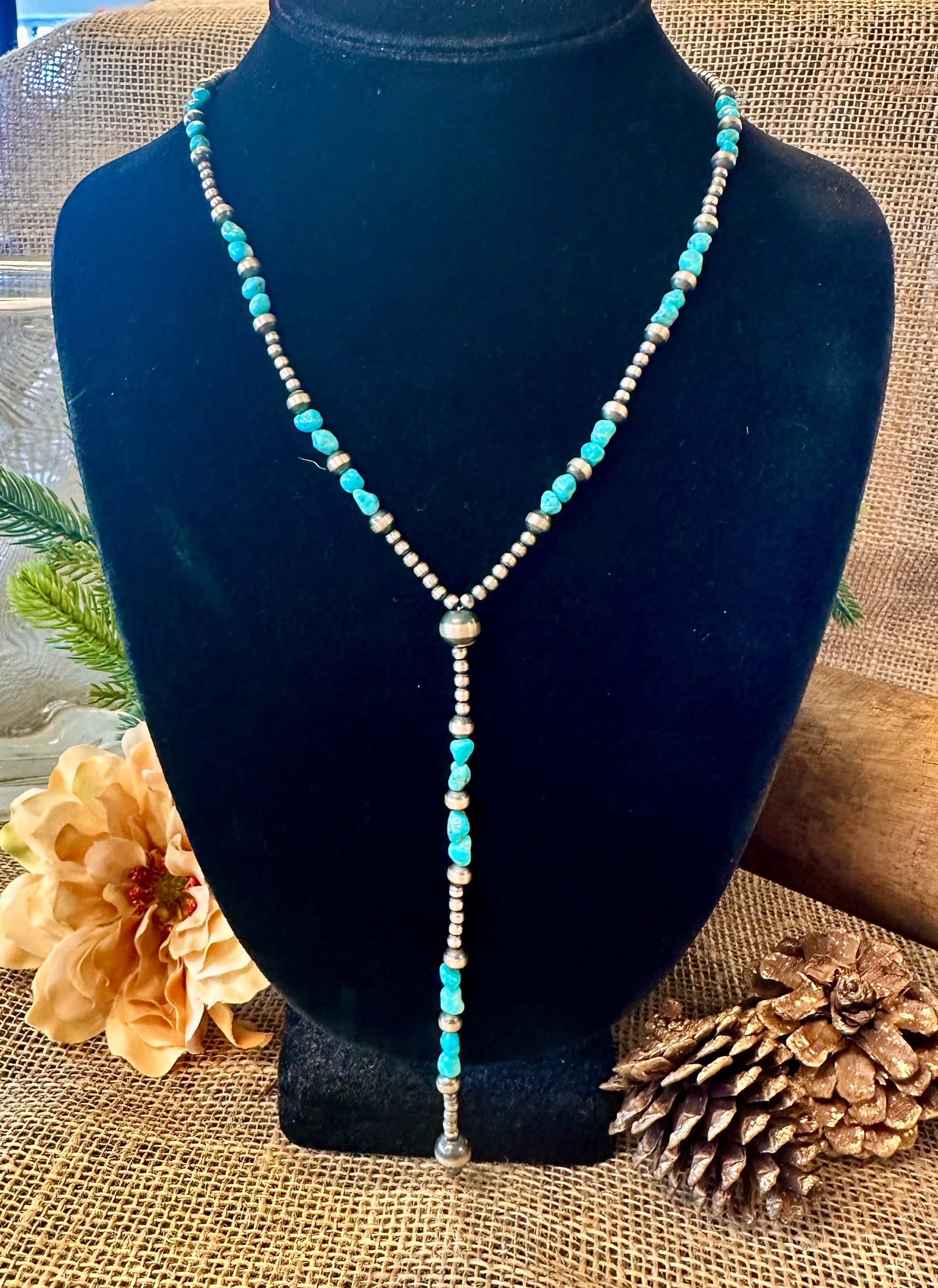 Navajo Pearl & Turquoise Stone Lariat Necklace 20"