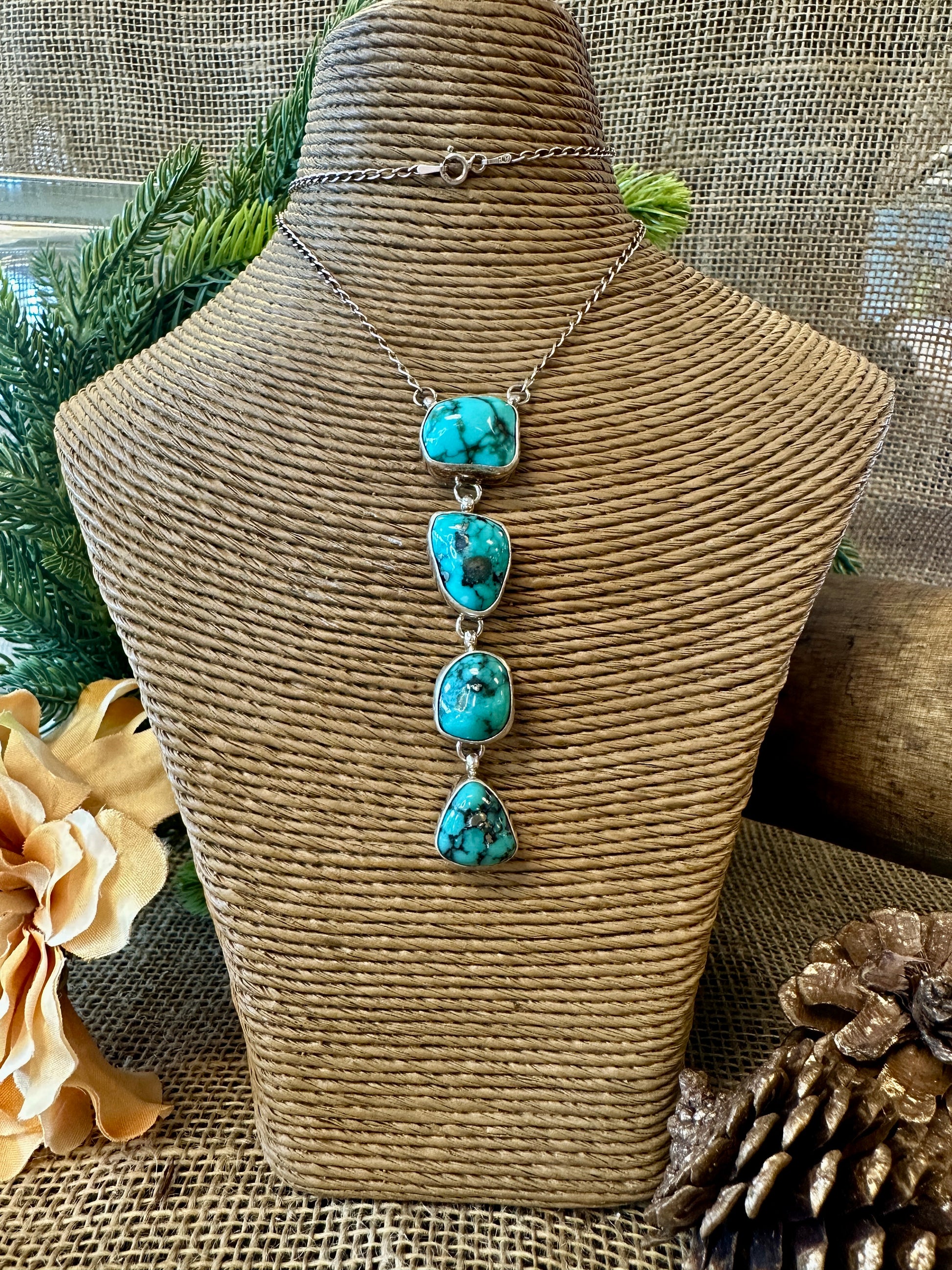 Four Stone Turquoise Lariat Necklace 16"