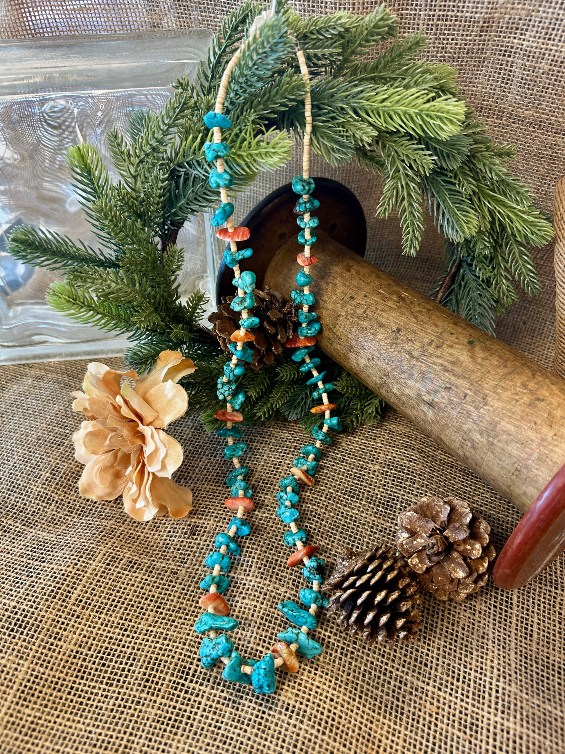 Navajo Sterling Silver Blue Turquoise & Orange Spiny Necklace 28”