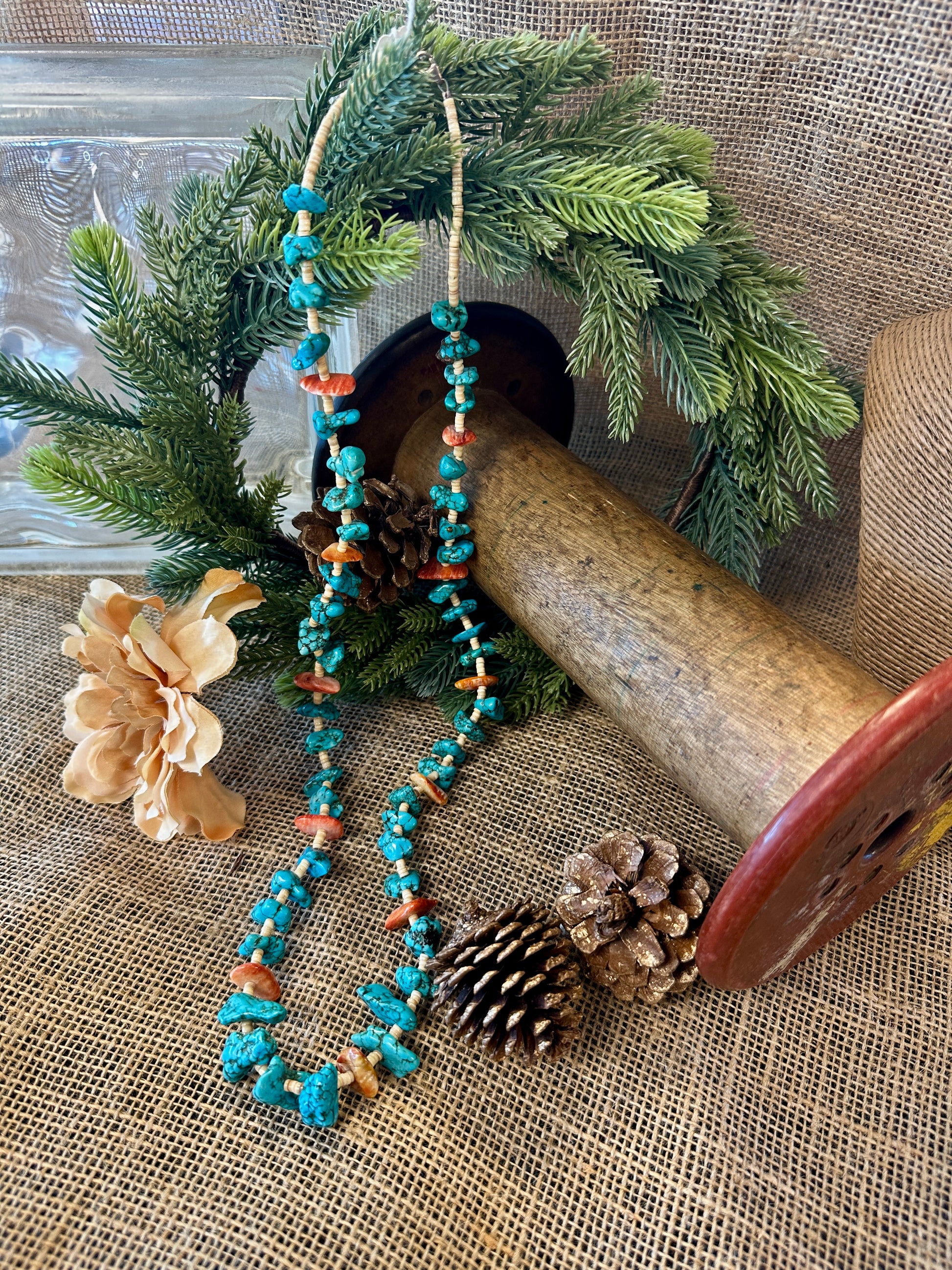 Navajo Sterling Silver Blue Turquoise & Orange Spiny Necklace 28”