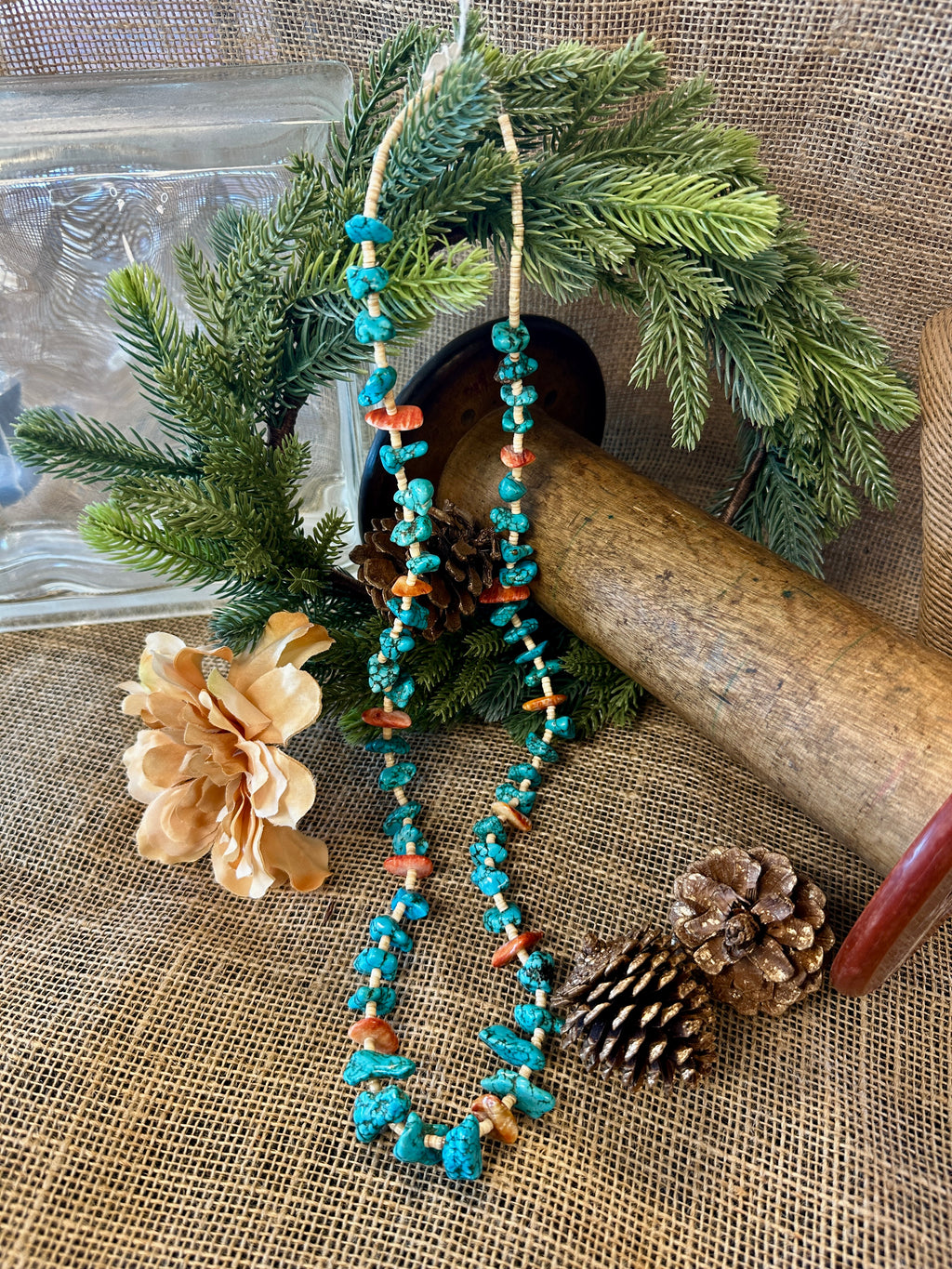 Navajo Sterling Silver Blue Turquoise & Orange Spiny Necklace 28”