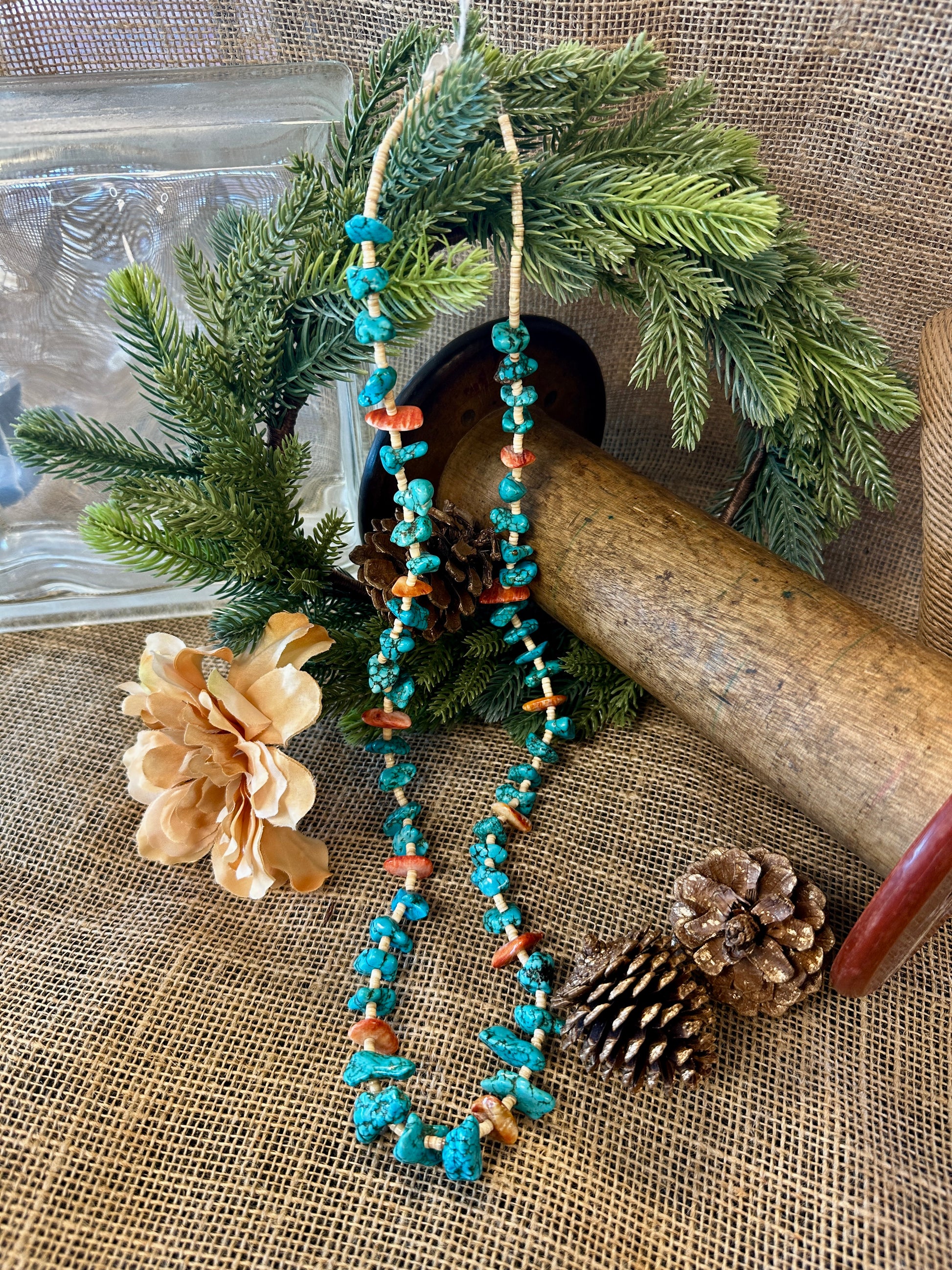 Navajo Sterling Silver Blue Turquoise & Orange Spiny Necklace 28”