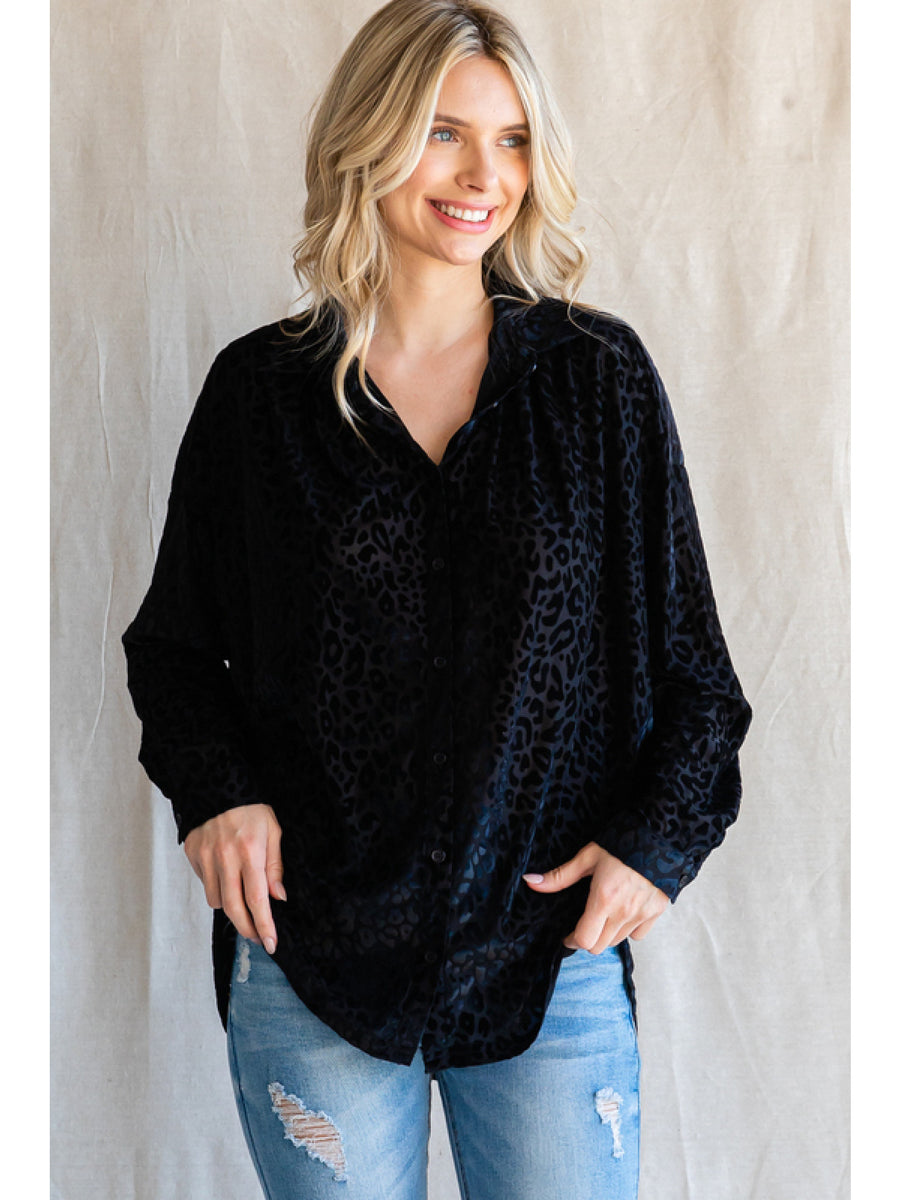 The Girl Next Door Leopard Velvet Blouse - Black & Burgundy