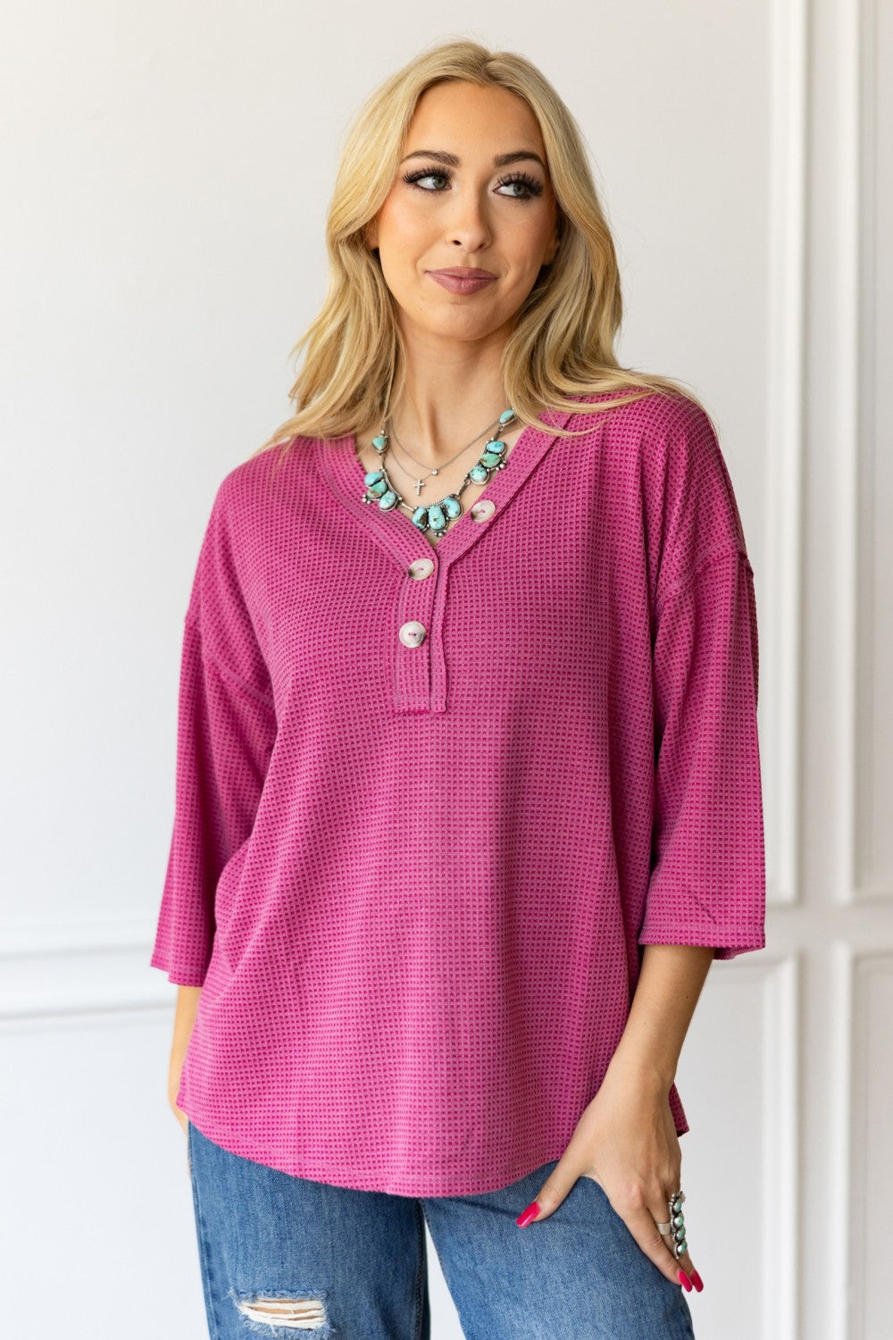 Two Tone Thermal Washed Top- Berry